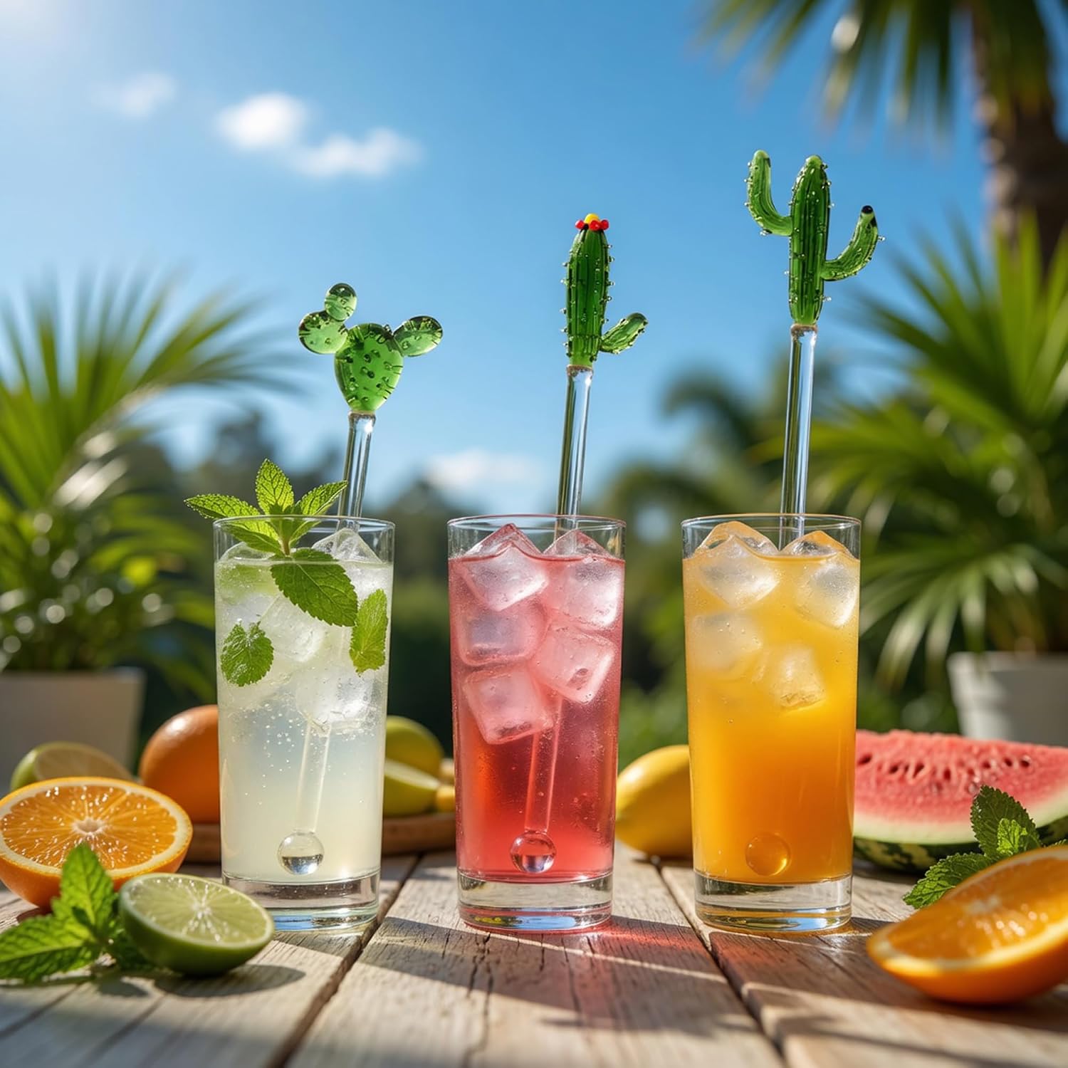 Homestia 3 Pieces Glass Swizzle Sticks with Cactus Decor, Drink Stirrers