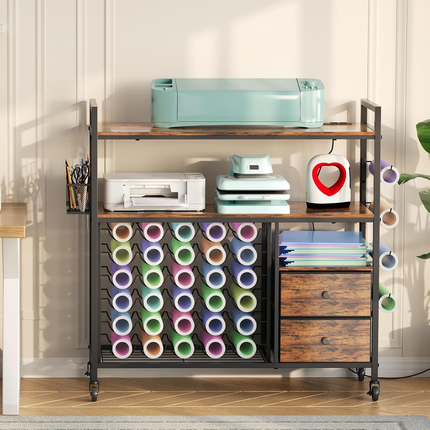 HavenlyYouth Craft Cart Compatible with Cricut Machine, Large Cricut Table with 34 Vinyl Roll Holder, 2 Drawers and Charging Station, Craft Storage Cabinet Craft Workstation