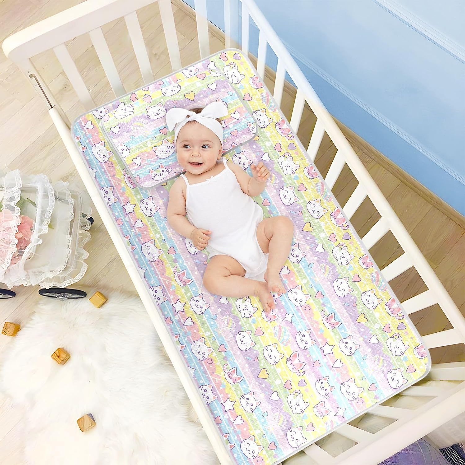 Cooling Baby Bassinet Mattress 28" x 52" Ultra Soft Cats Cartoon Pads for Bed Washable for Baby&Toddler