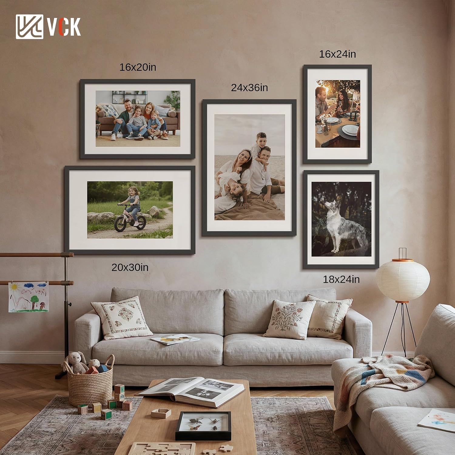 VCK 16x24 Picture Frame Black - 5 Pack, with Wood Grain Finish & Plexiglass, Displays 12x18 Photo with Mat or 16 x 24 Without, for Horizontal/Vertical Wall Hanging in Home, Office, or Gallery
