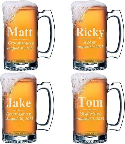 Juego de 4, juego de 8 y más tazas de cerveza grabadas personalizadas de padrinos de boda de 16 onzas, regalos personalizados para bodas, estilo de