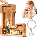 SummiDate Wooden Letter Piggy Bank for Kids| Piggy Bank for Boys Girls Toddler| Alphabet L Money Bank| Personalized Initial Wood Coin Bank Birthday for Kids (L)