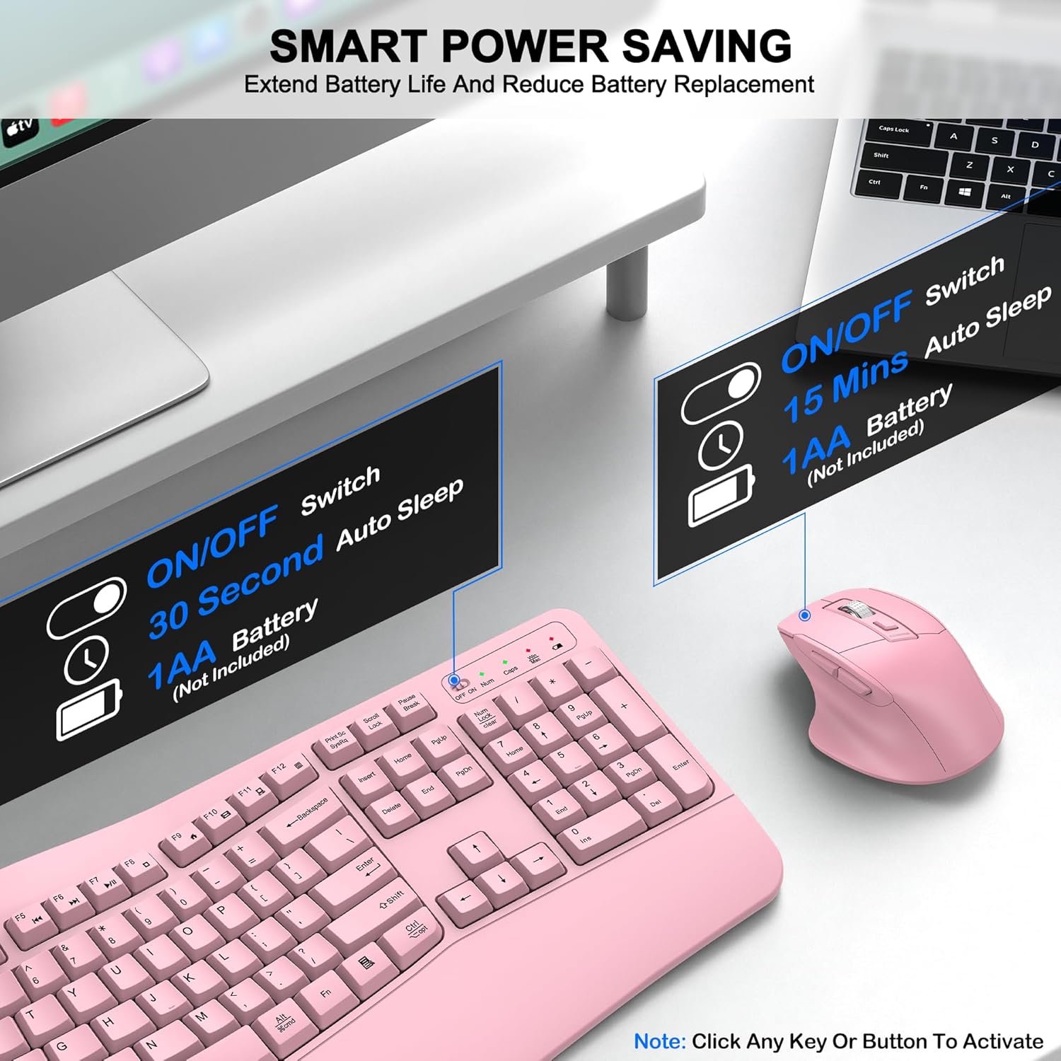 Wireless Keyboard and Mouse Combo, 2.4G Full Size Wave Keys Ergonomic Keyboard with Wrist Rest and 3-Level DPI Adjustable Wireless Ergonomic Mouse for Windows, Mac OS Desktop/Laptop/PC(Pink) - Image 6