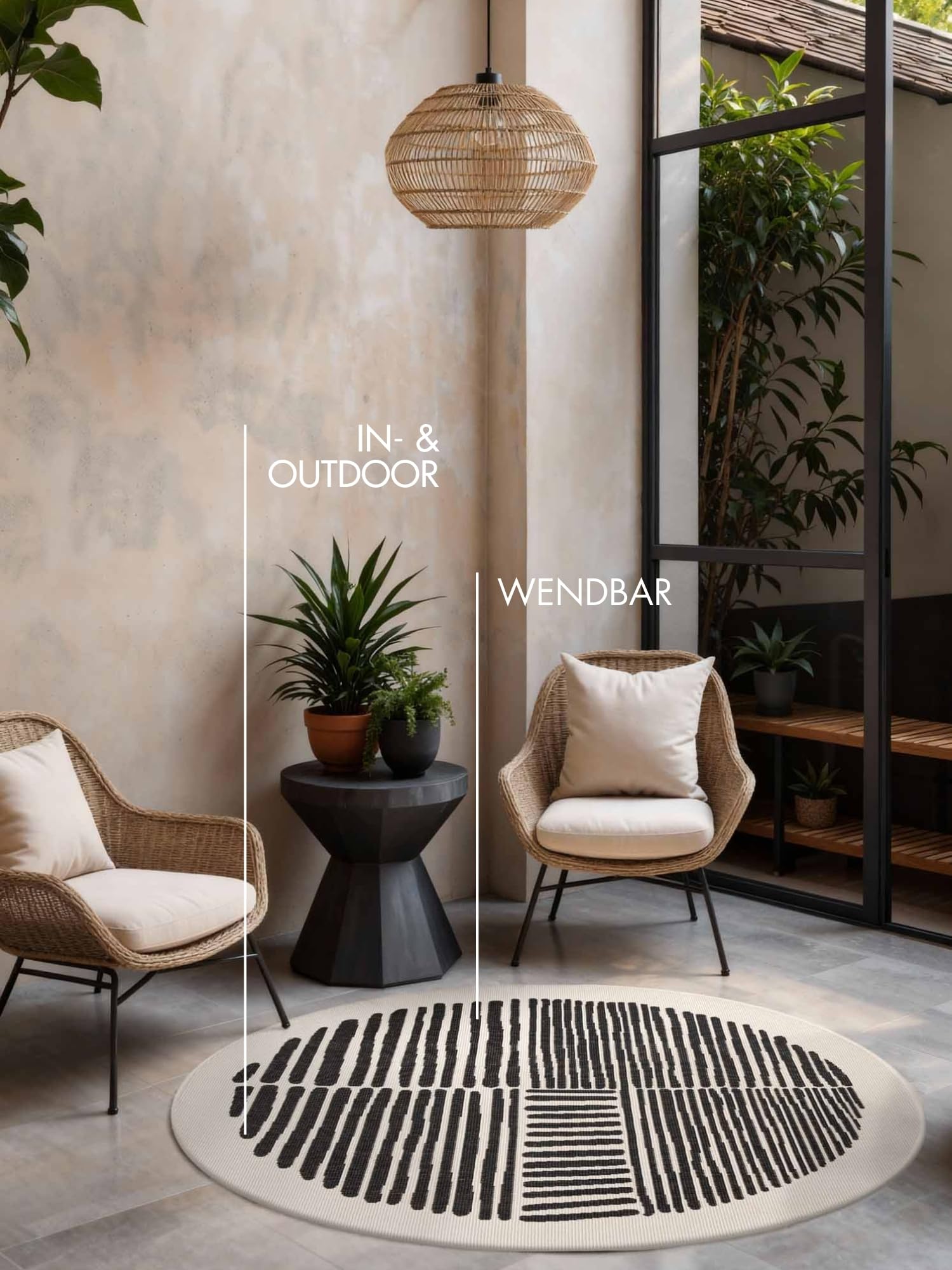 Ted Baker Flachgewebe Teppich Bounds Rund - Wendeteppich Outdoor geeignet, Pflegeleichter Wohnzimmerteppich, Modern, Streifen Muster für Wohnzimmer, Terrasse, Esszimmer, Balkon - Schwarz Weiß, Ø200 cm