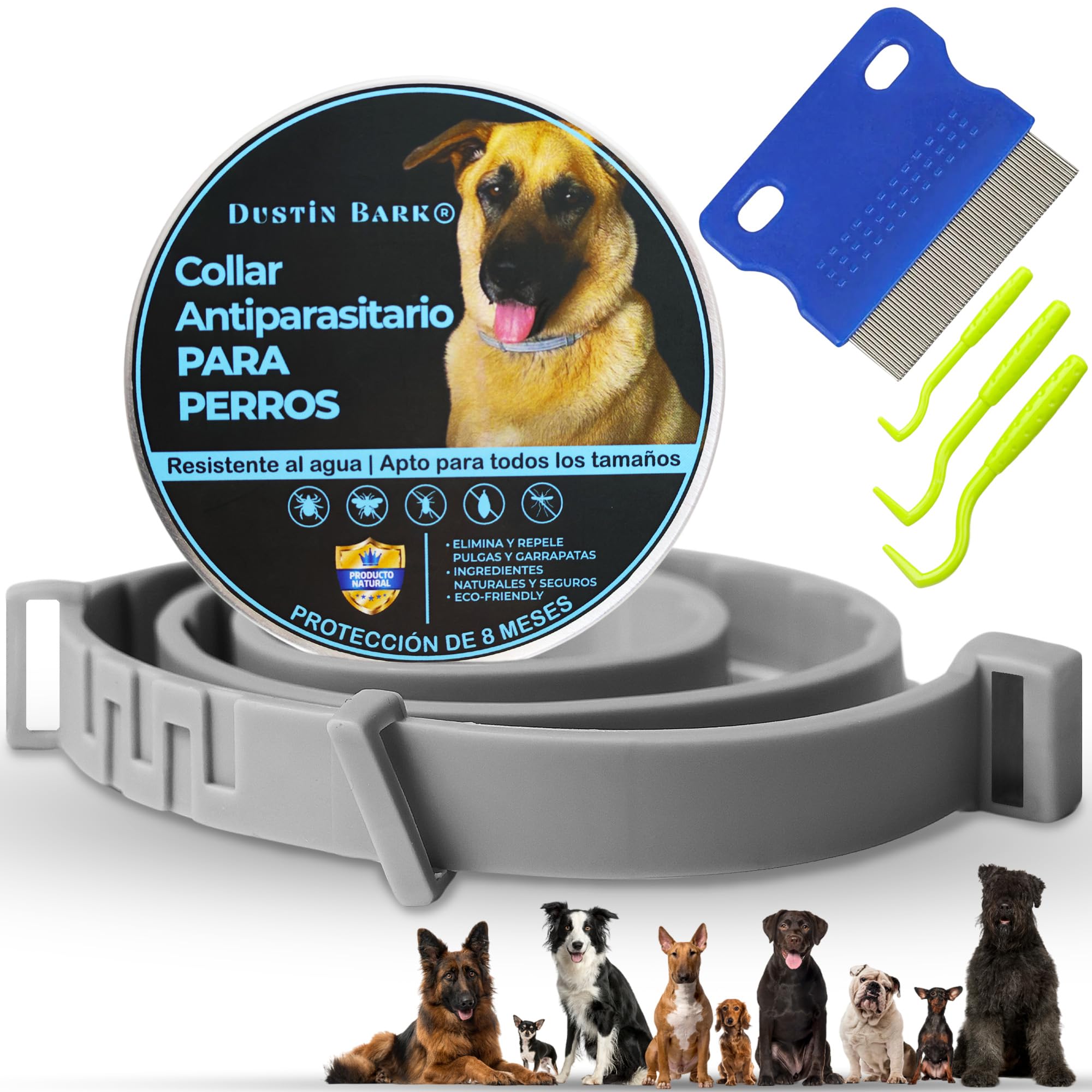 Collar Antiparasitario para Perros + Regalo Peine antipulgas Protección contra Pulgas Garrapatas y Mosquitos Collar Antipulgas y Antigarrapatas para Perro Collar Ajustable protección hasta 8 Meses