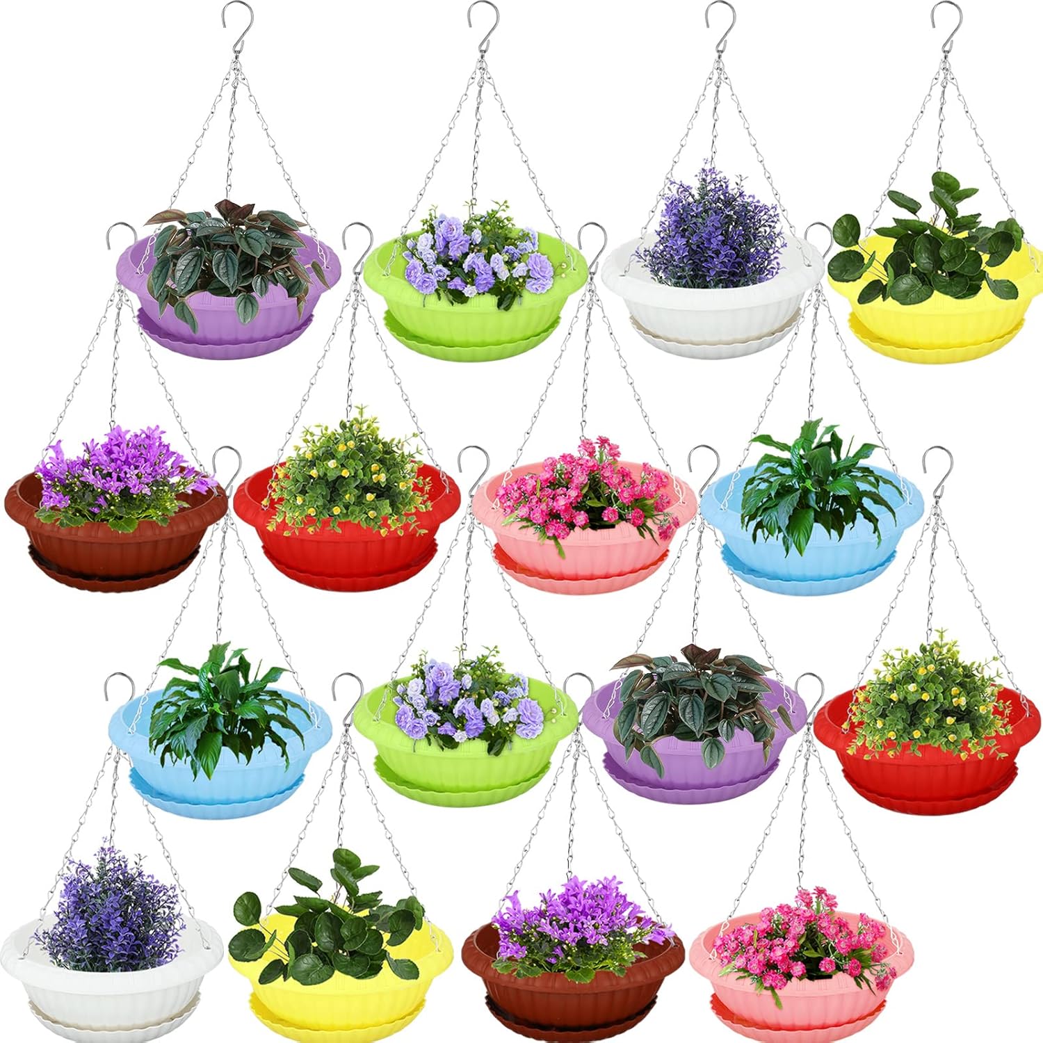 Yaomiao 16 Pcs Large Hanging Planters Hanging Pots for Plants Plastic Plant Basket Flower Pots Indoor with Saucer, Drainage Holes and Chain for Garden Porch Home Decor(Multicolor)
