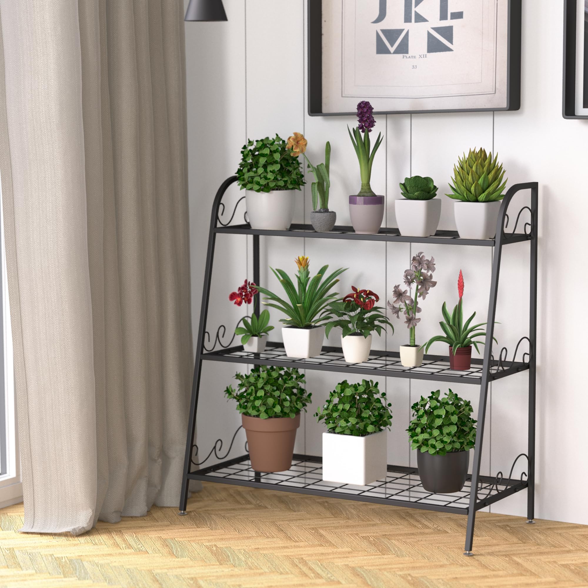 Support pour plantes d'extérieur 3 niveaux en fer noir