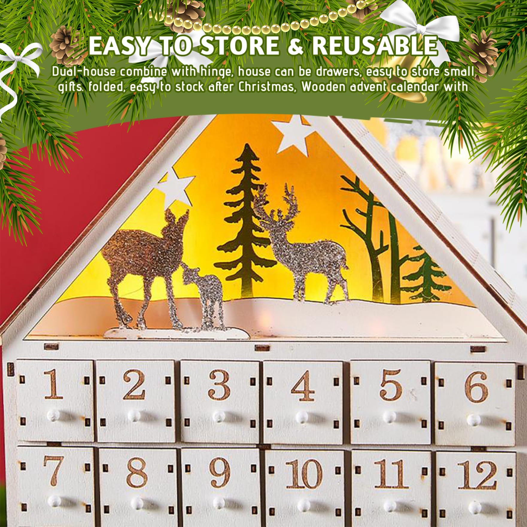 Calendario dell'Avvento in legno con cassetti LED, decorazioni natalizie per il conto alla rovescia vuoto di 24 giorni