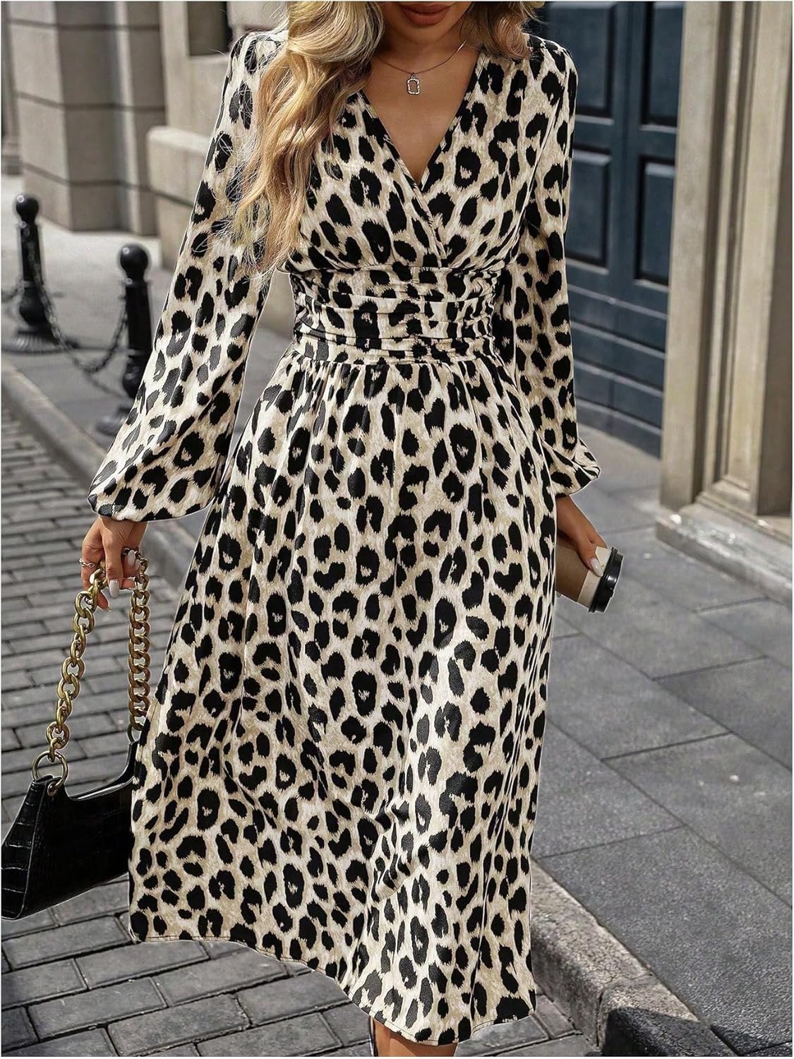 Milumia Women's Leopard Print Midi Dress V Neck A Line Long Elastic Waist Casual Dresses - Image 5