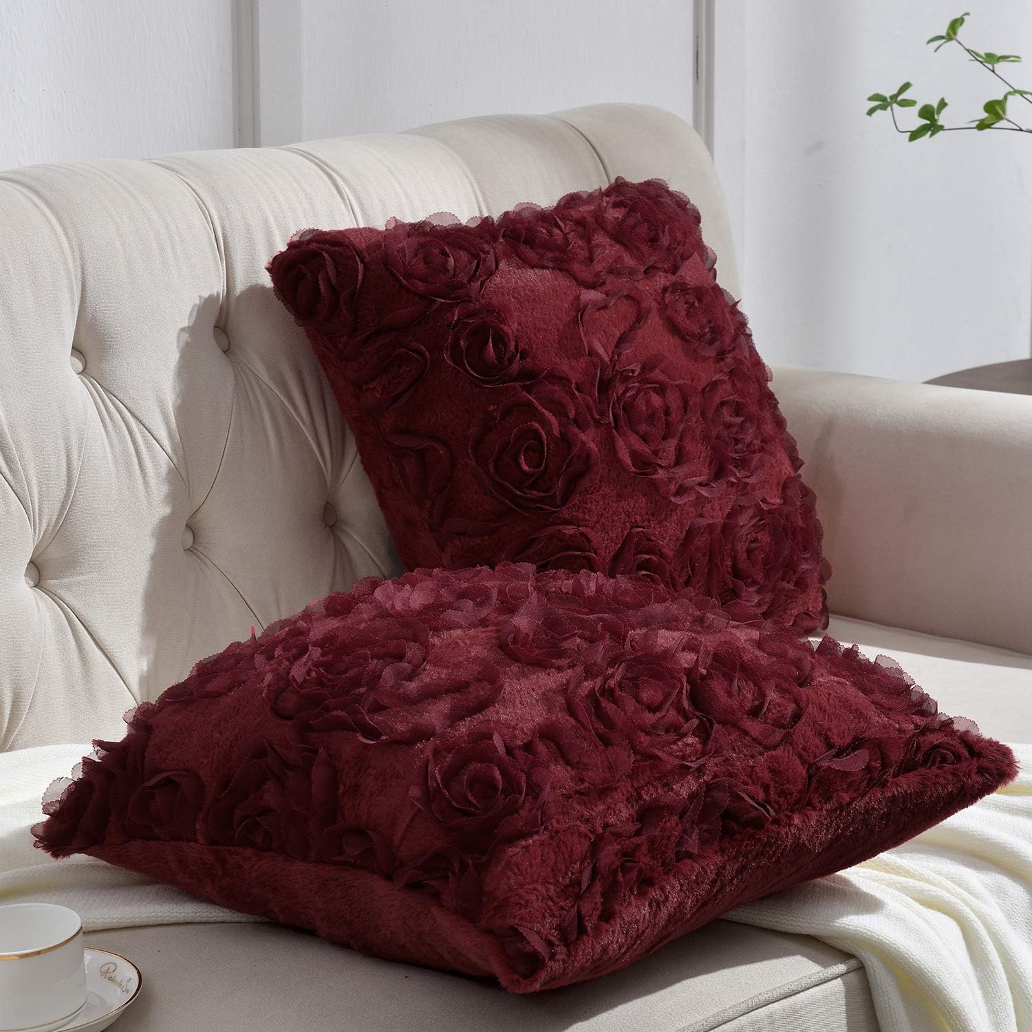 Rythome Set of 2 Soft Fluffy Faux Rabbit Fur Throw Pillow Covers, 3D Chiffon Rosette Pillow Cases, Decorative Patterned Floral Design for Couch Bed and Living Room - 18"x18", Maroon