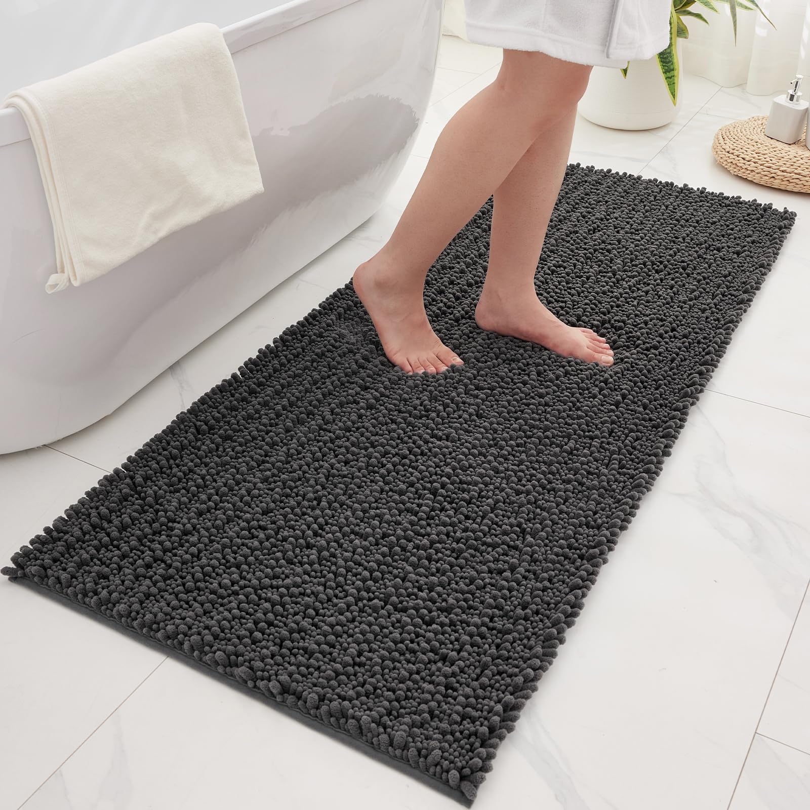 Chenille Bathroom Rugs 55x24 Absorbent Soft Non Slip, Darkgrey