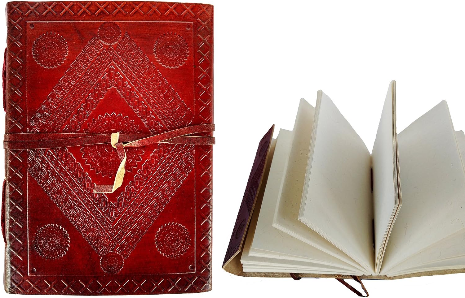 Rastogi Handicrafts Leather Journal Notebook Both Side Embossed 110X165 Mm Handmade Paper Diary 18X13 Cm, Brown, 18X13X3