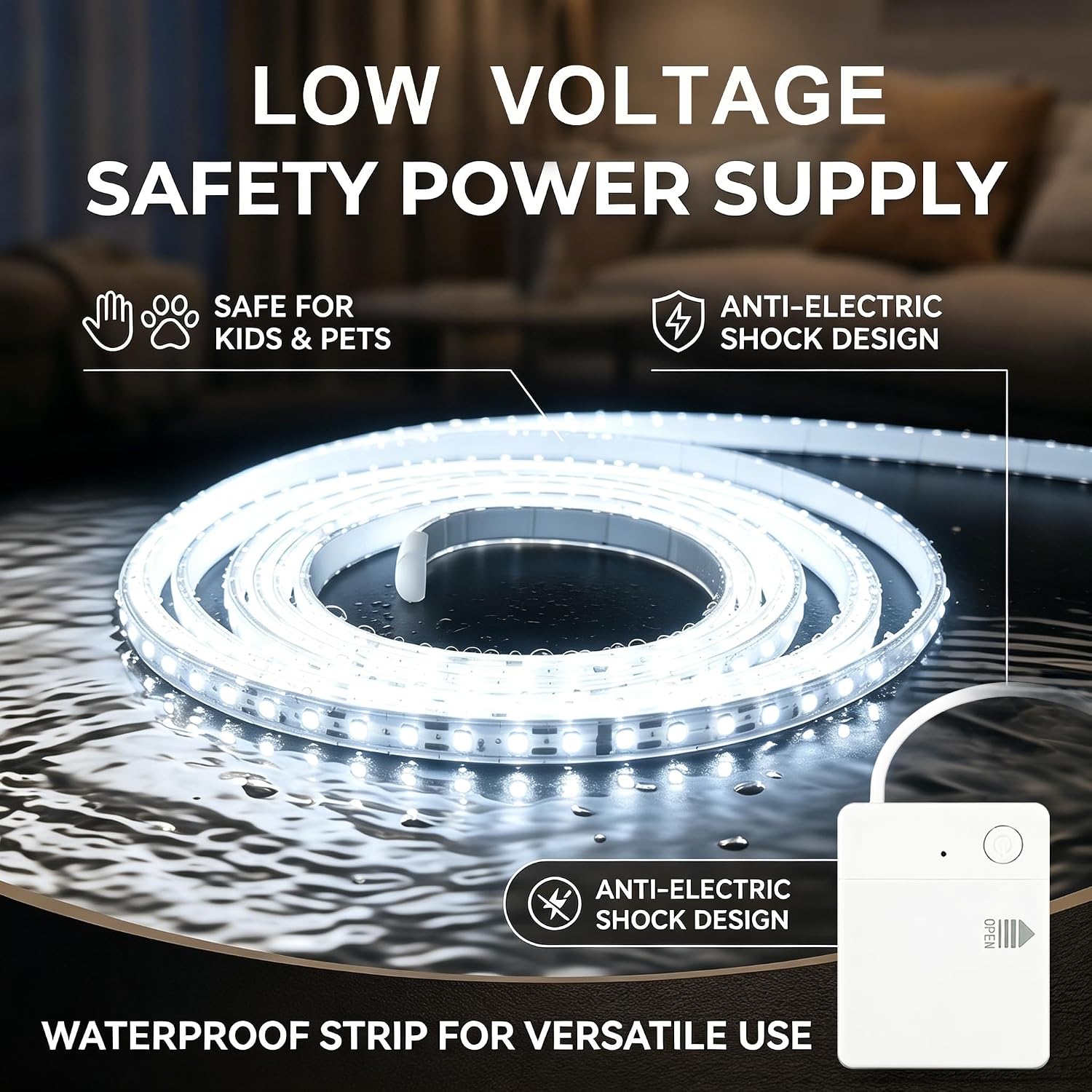 Waterproof LED Strip Lights Battery Operated, Battery Powered + Type‑C Dual Power 3.3ft High‑Brightness 6000K Cold White Cuttable Flexible for Under Cabinet/TV Backlight/Closet/Dorm/Camping image 2