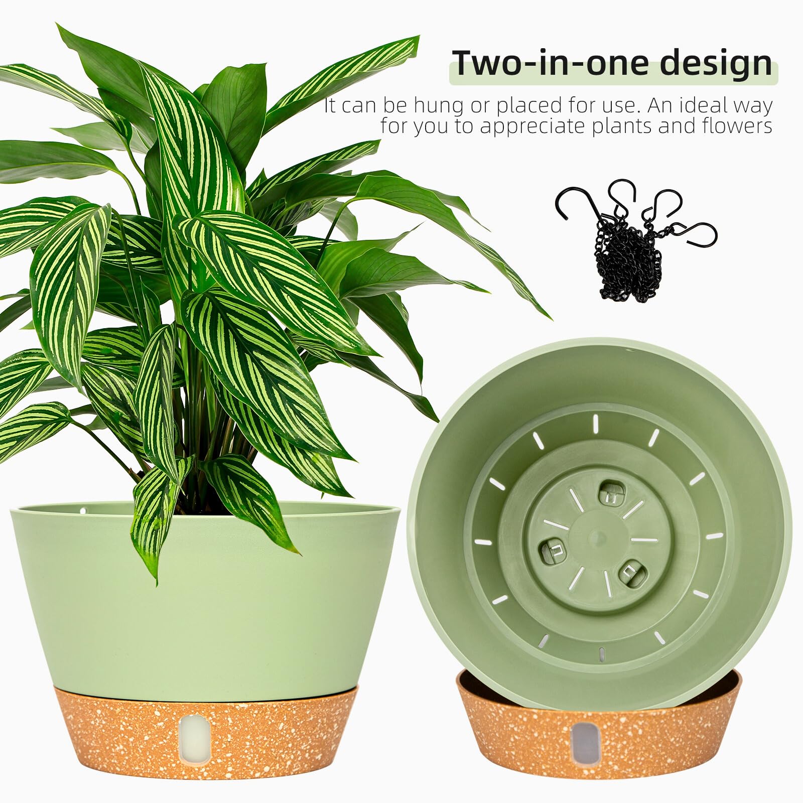 QCQHDU 2 Stück 20 cm Blumenampel Hängend ür Innen und Außen,Hängetopf mit Drainageloch für Pflanzen,3-Haken-Blumentöpfe zum Aufhängen,Hängepflanzen Topf für Garten und Haus(Grün)