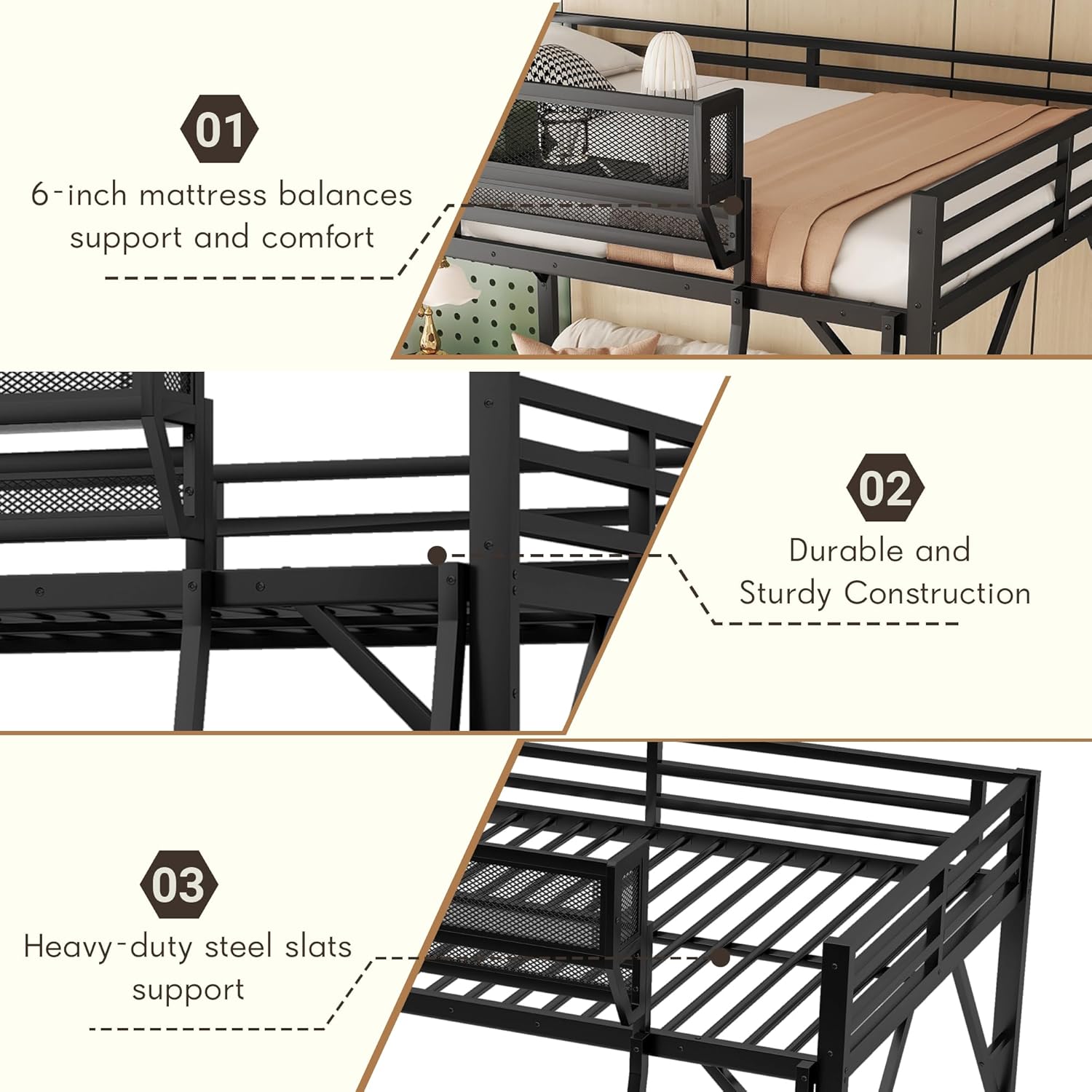 Full Size loft Bed with A Shelf, Metal Loft Beds with Soft Ladder Rung Cover, Heavy-Duty Tall Loft Bed Frame for Kids Boys Girls Teens Adults, Noise-Free,No Box Spring Needed, Black