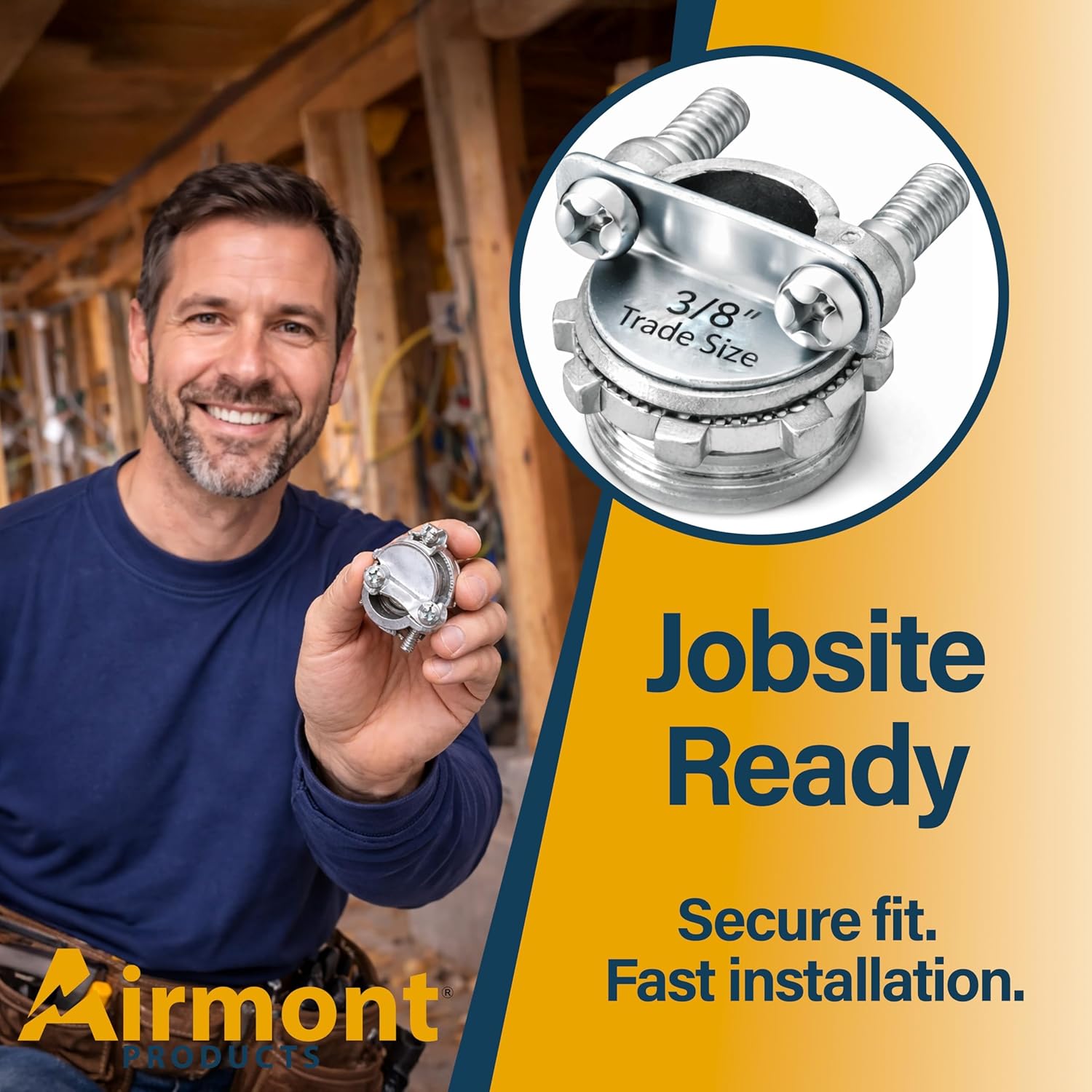 (50 PACK) Airmont Products 3/8 Inch Clamp Type NM Cable Connector, Zinc Die Cast Romex Connector for Electrical Boxes, Fits 1/2'' Knockout, For Non-Metallic NM Cable, Secure Strain Relief, UL Listed