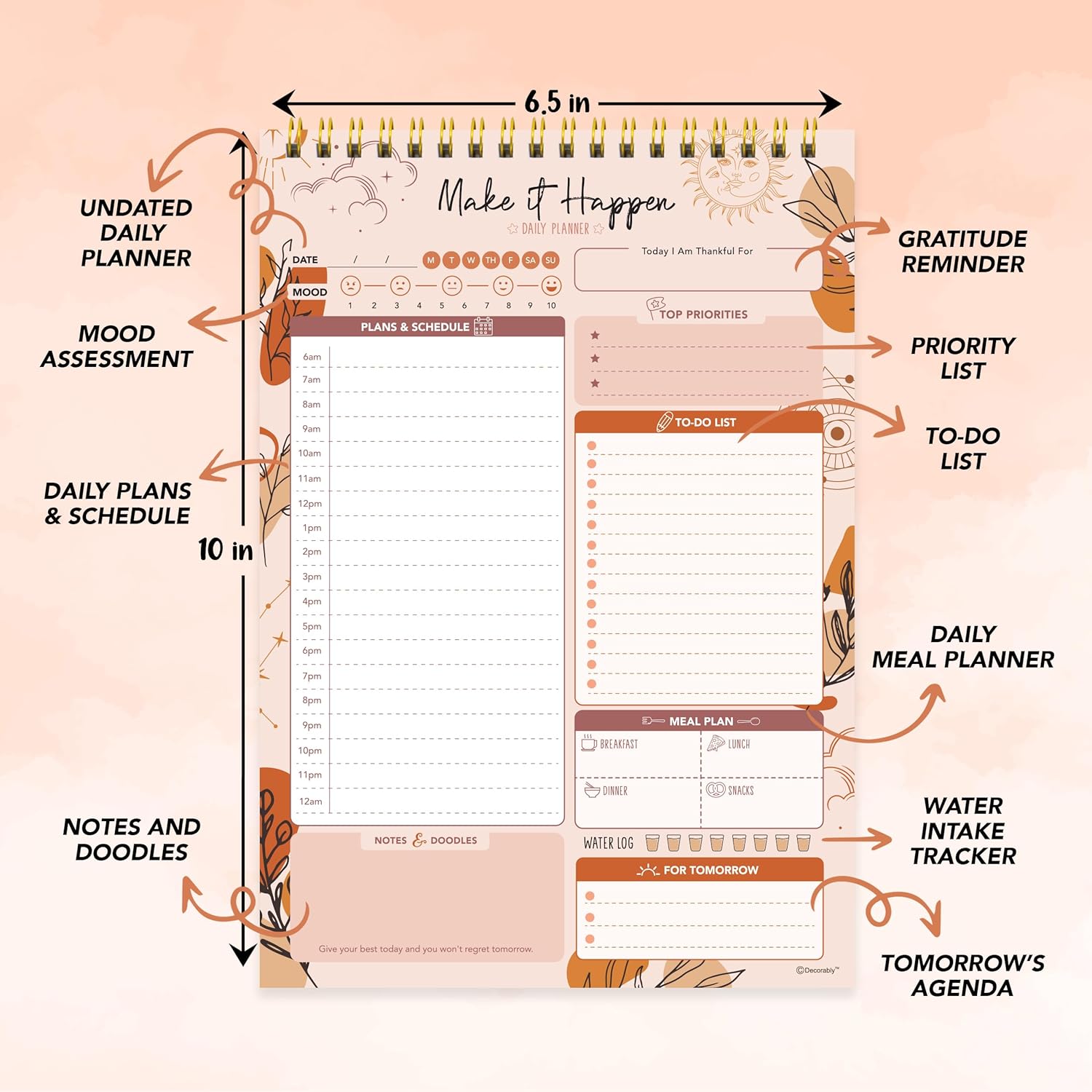 Decorably 52 Sheets Boho Celestial Undated Daily to Do List Notepad - 6.5x10" Spring-Bound Planner, Easy Tear-Off, for Schedule, Priorities, Agenda, Water Intake, Meals, Notes & Doodles - Home, Office - Image 3