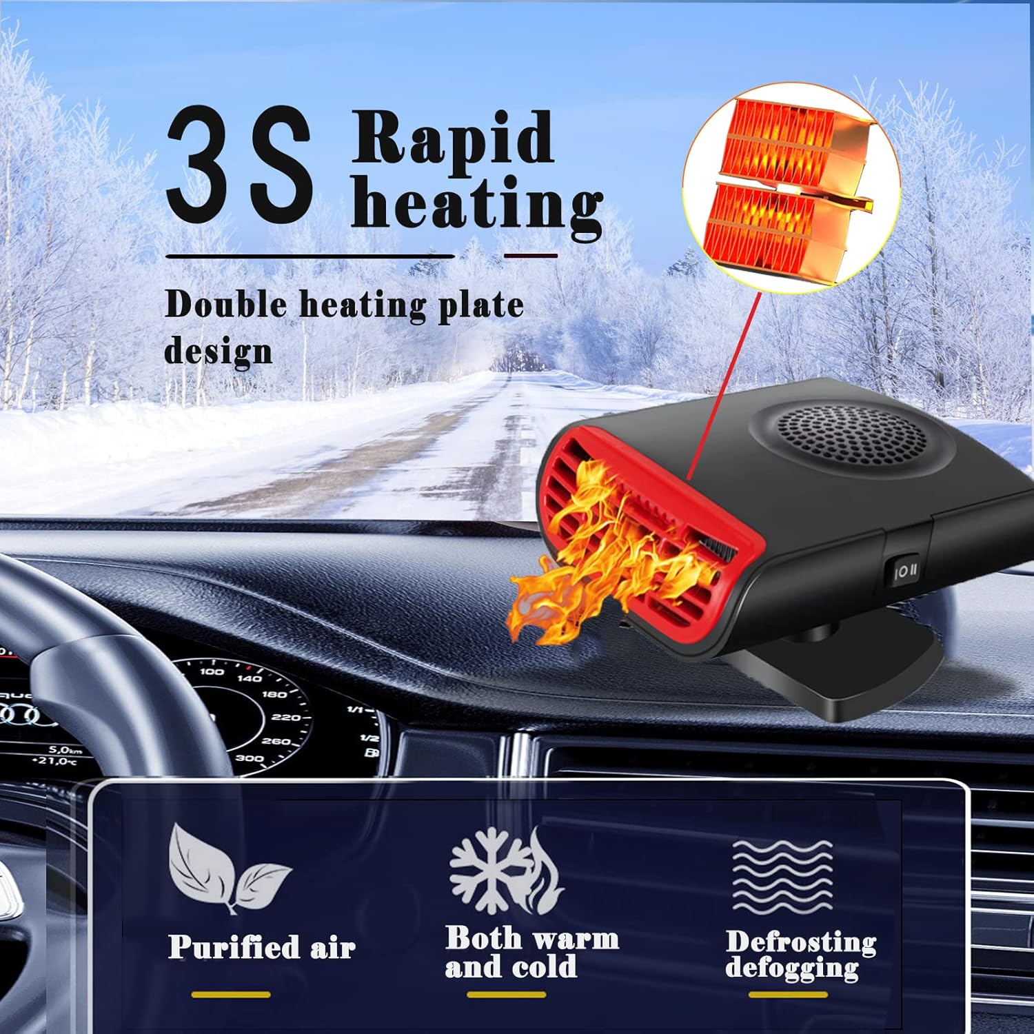 Calentador De Coche 12V 200W - Ventilador Frío/calor, Gira 360°, Desempaña Parabrisas Rápido - Para Coche, Furgoneta, Autocaravana