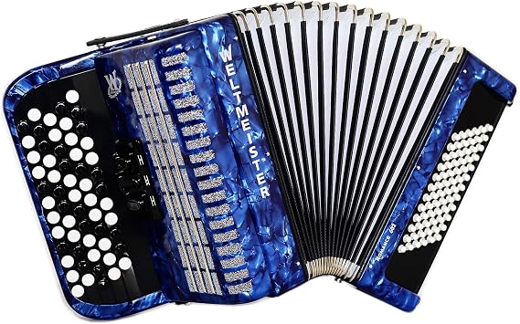Weltmeister New Chromatic Button Accordion Romance 602, 72 Bass Buttons, Blue, Made in Germany, Lightweight Bayan Accordion, B System Layout, Includes Straps and Hard Case