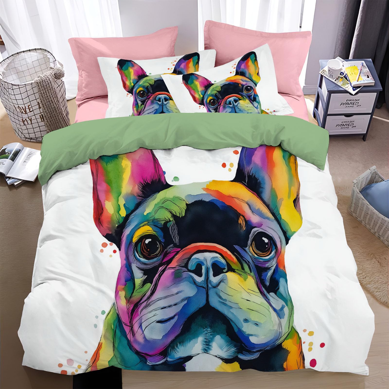 Housse de couette 140x200 cm bouledogue en microfibre avec 2 taies d'oreiller