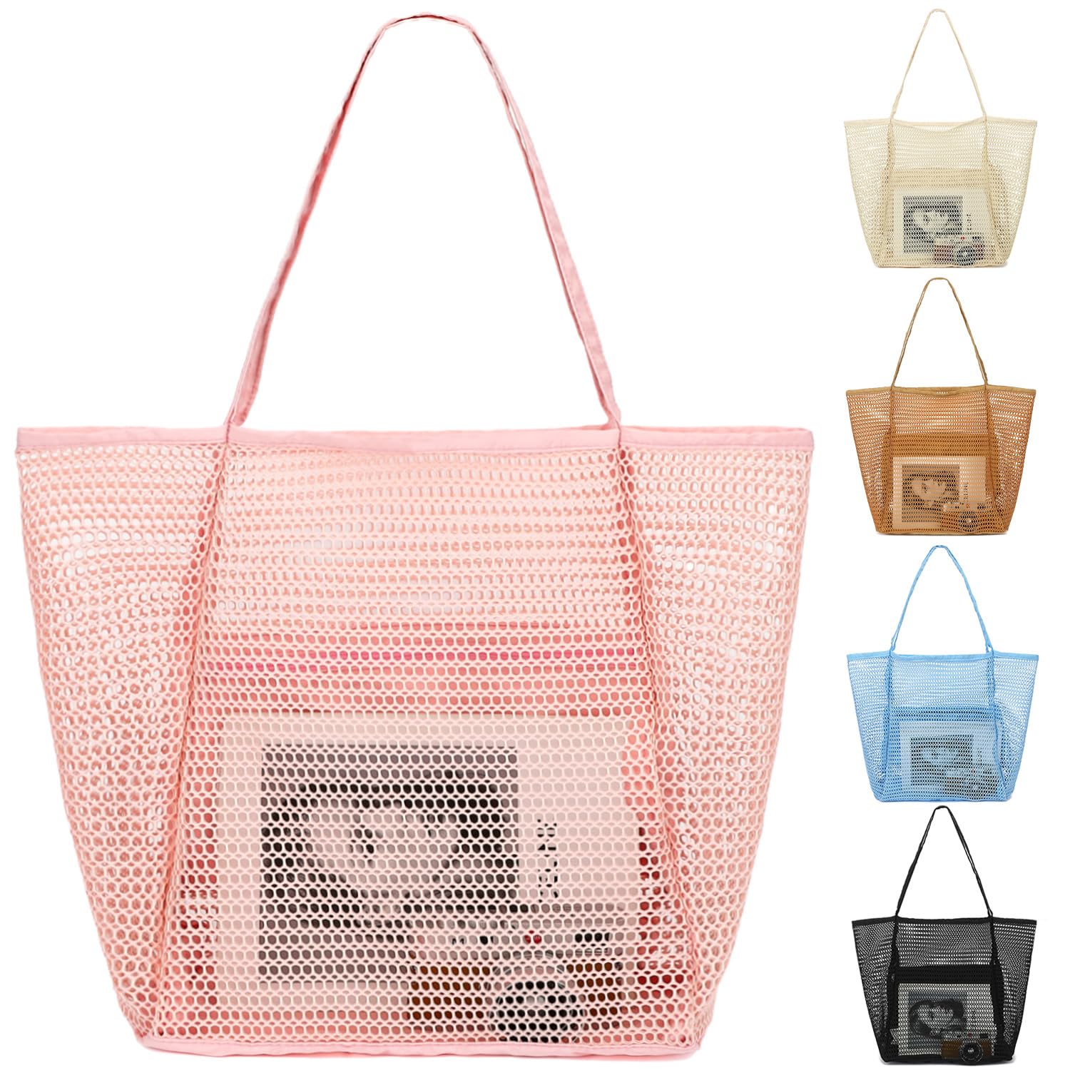 Fammart Mesh Beach Bag, Large Beach Tote with Zipper Pocket for Family Pool Bag for Toys & Vacation Essentials