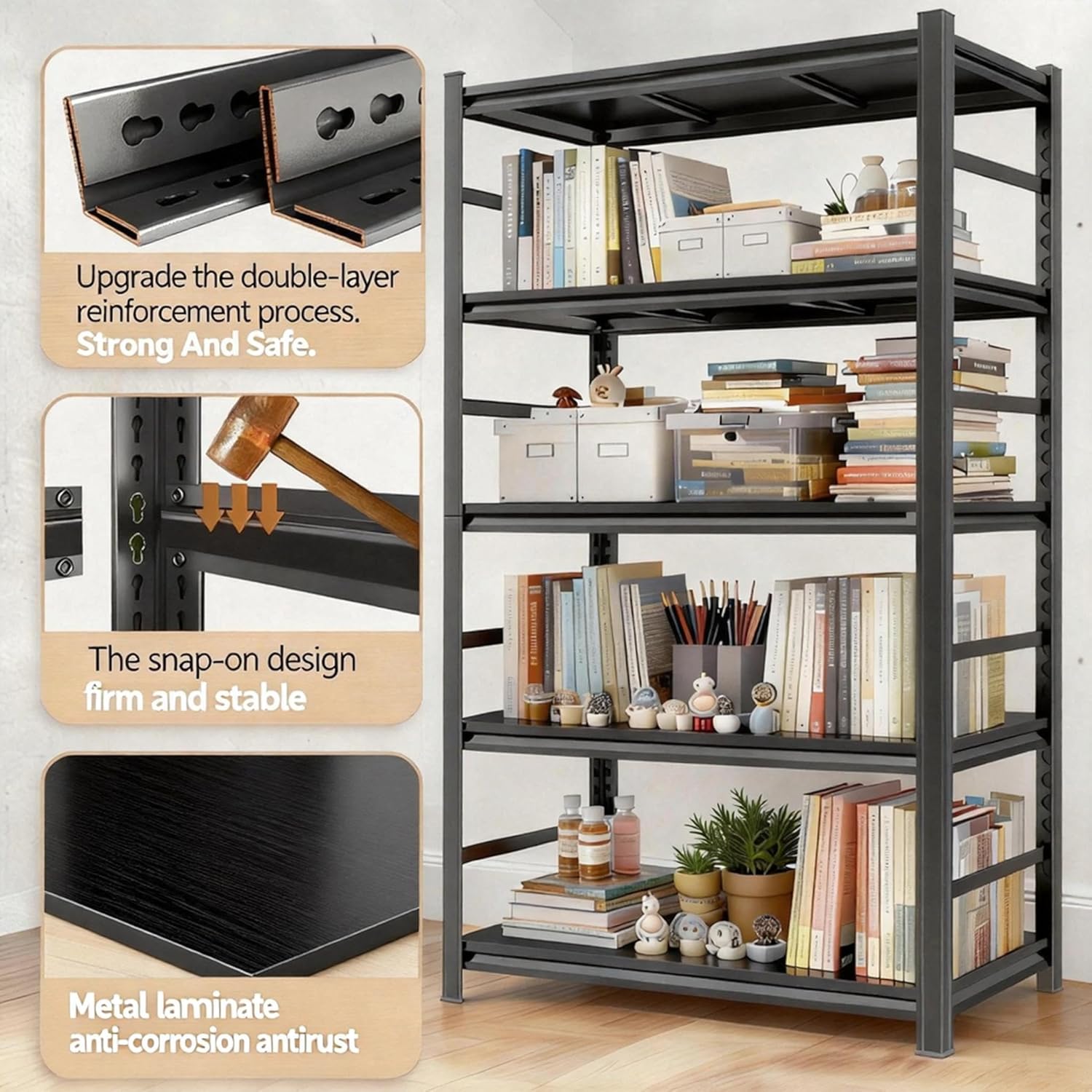 Bookshelf, Metal Wide Bookcase, Heavy Duty Adjustable Industrial Shelf for Living Room, Bedroom and Library, Black