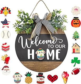 Interchangeable Seasonal Round Wood WELCOME TO OUR HOME Sign for Front Door,Rustic Hanging Wood Wreaths Sign,Farmhouse Porch Fence Welcome Wreaths Decorations.(12inch)