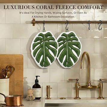 Sisher Coral Hanging Hand Towel with Loop, 2 Pack Green Leaf Hand Towel