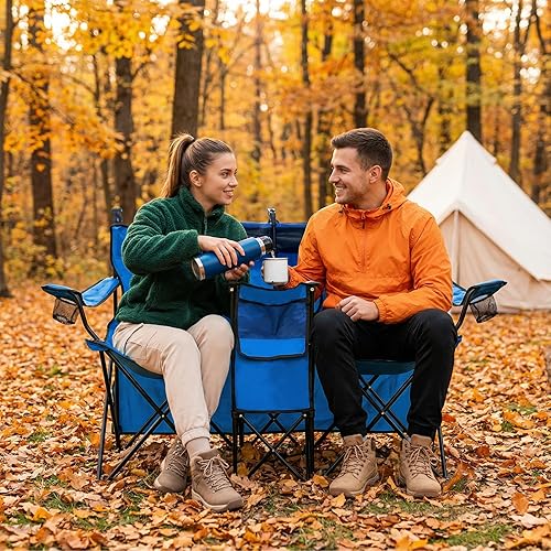 Miniatura 2 de Silla de playa doble con toldo y sillas de camping resistentes con portavasos plegable para césped exterior