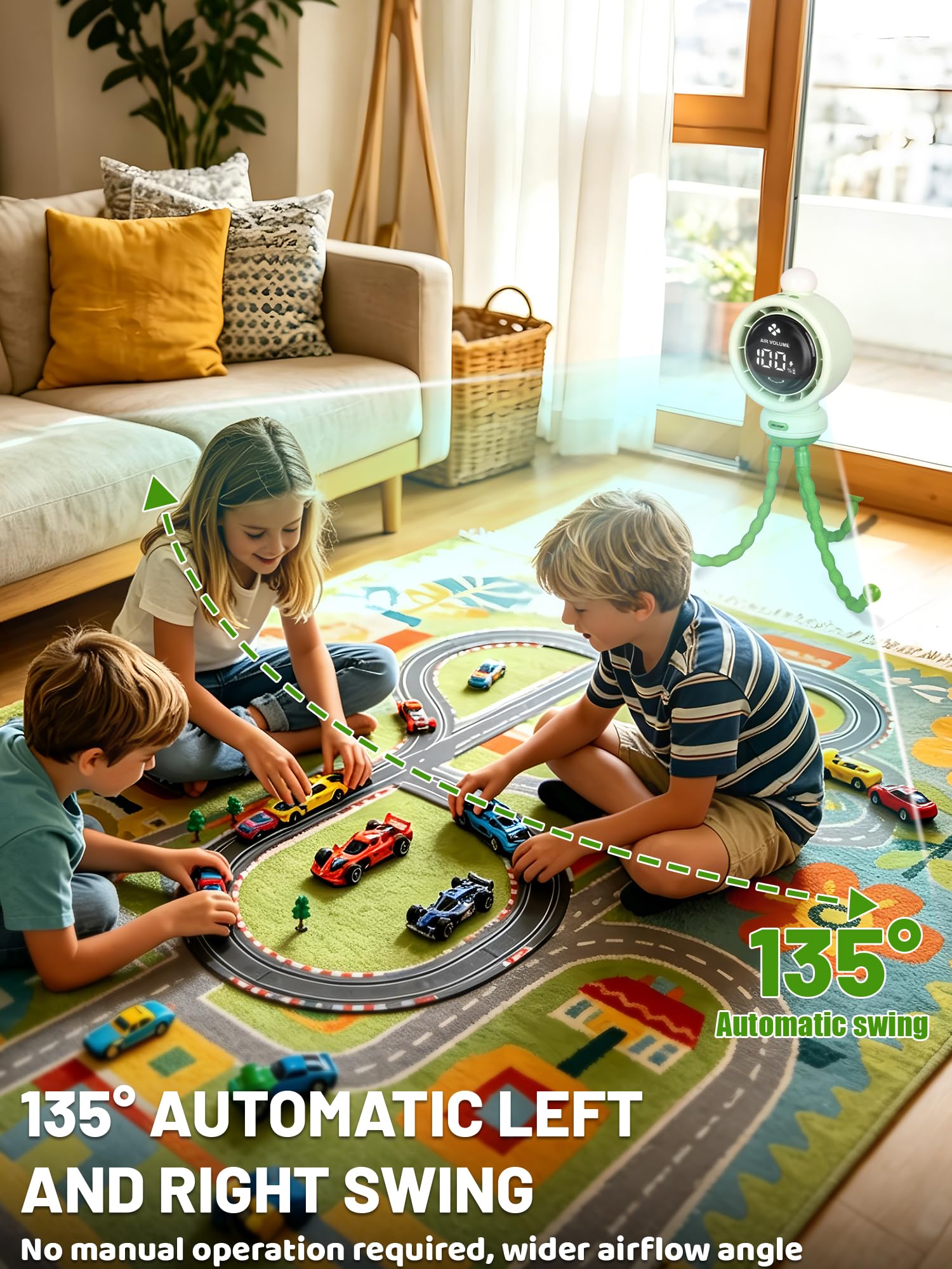 Mini ventilatore portatile per passeggino, oscillazione automatica, velocità continua, display, luce notturna a LED con clip sui ventilatori, accessori per passeggini alimentati a batteria, verde