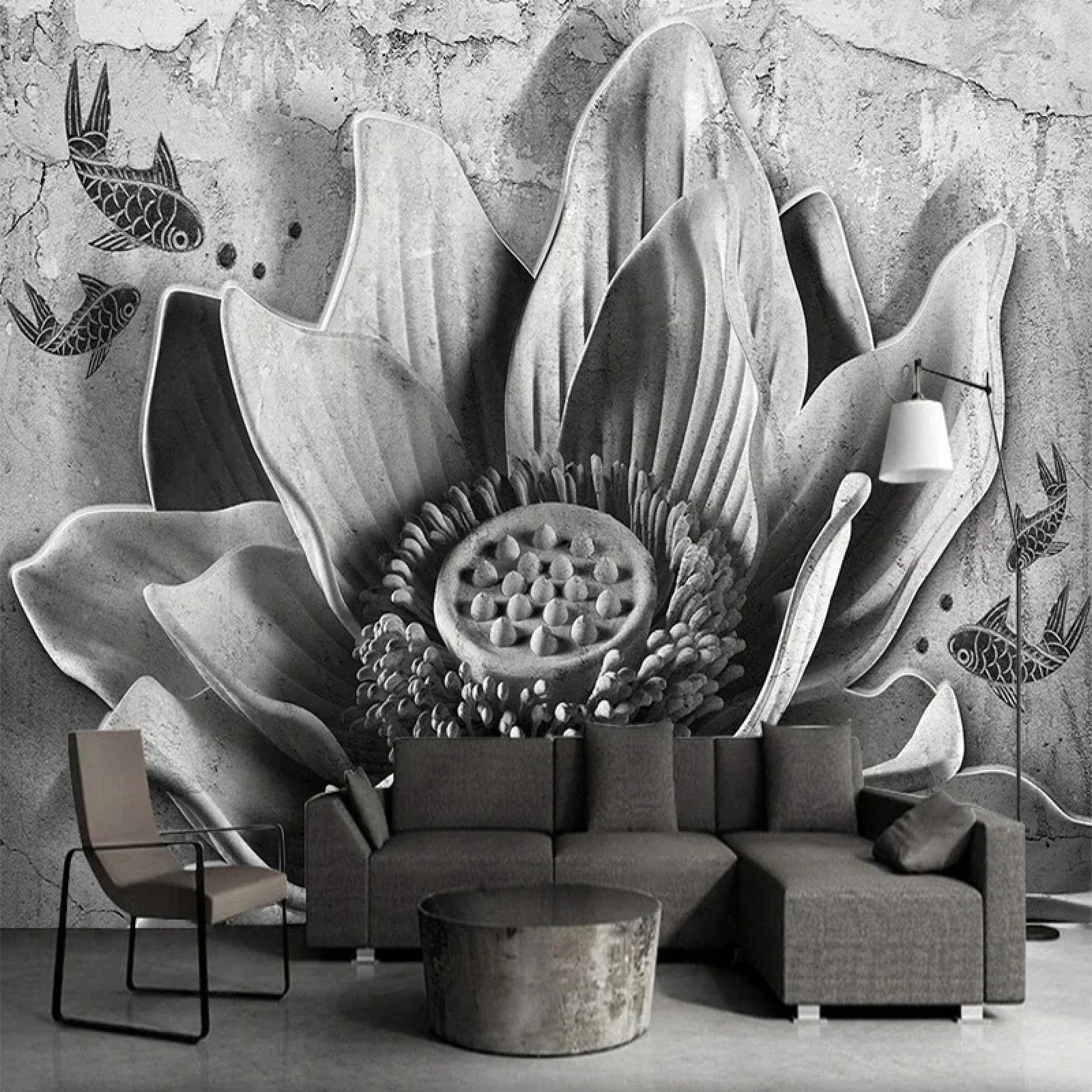 Papier peint mural 3D lotus en relief vintage ciment gris pour salon