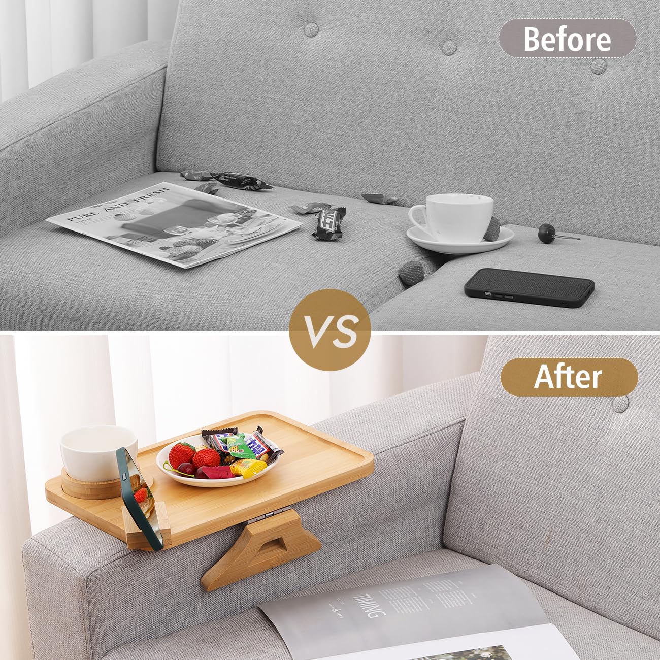 Plateau pour Accoudoir de Canapé, Table Bras de Canapé Rotation 360° avec Porte téléphone et Tasse, Accoudoir de Canapé pour Accès Facile, Porte-Tasse de Canapé pour Snacks, Téléphone, Contrôle