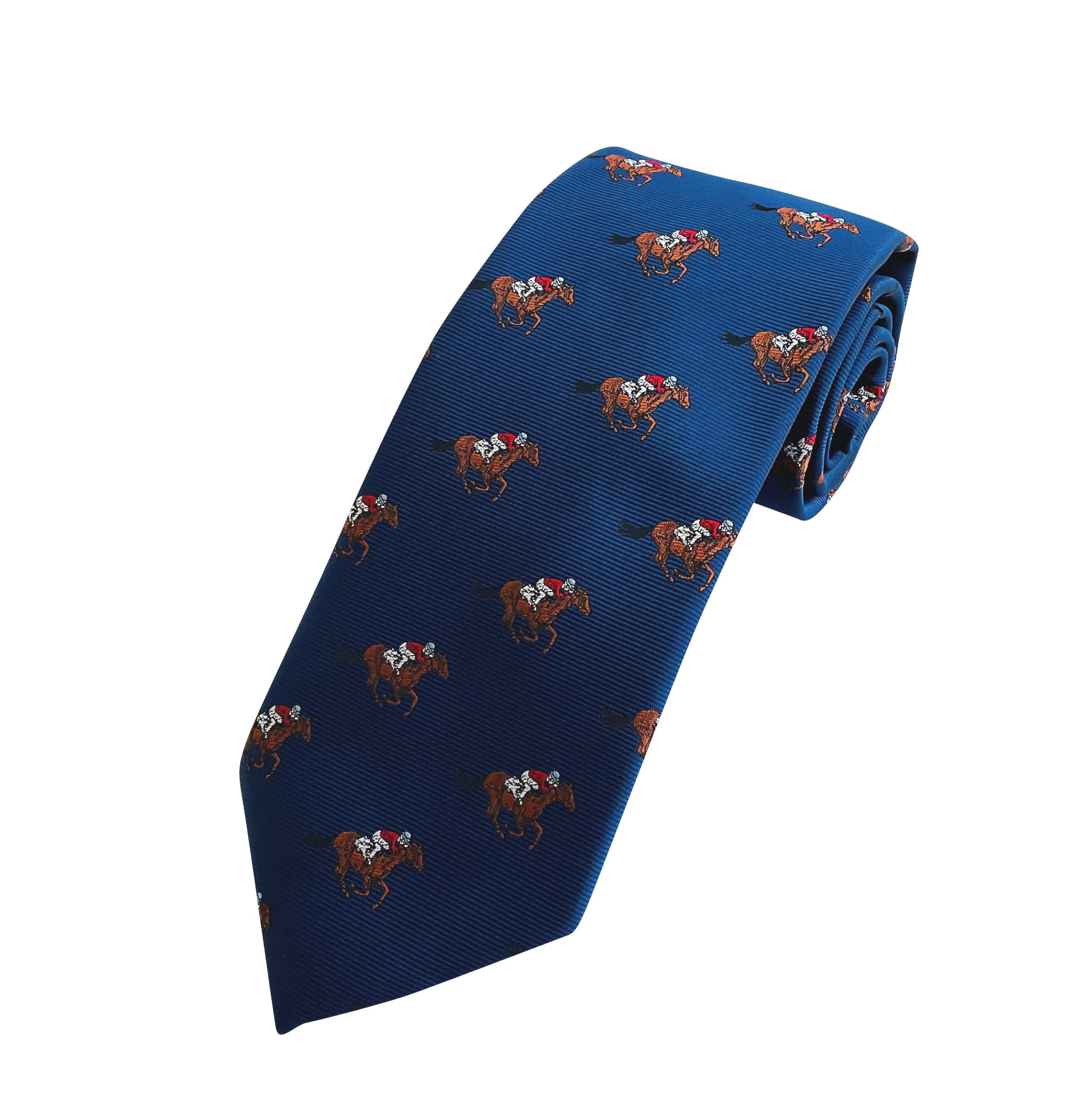 THE TIE STUDIO - Racing Horses and Jockey on Navy Necktie
