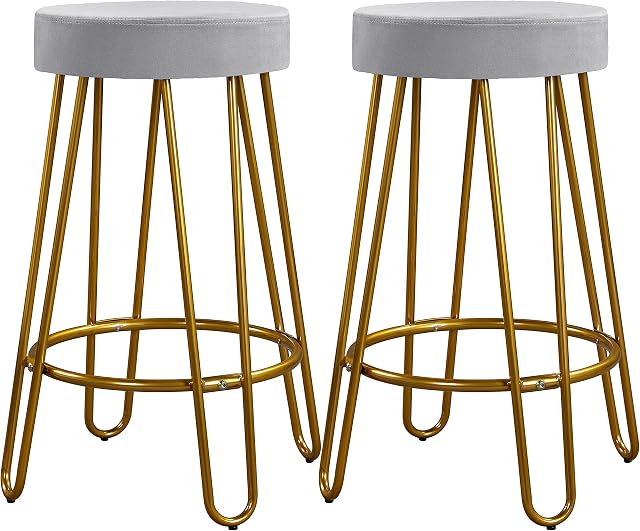 costoffs 2pcs Barstools Velvet Kitchen Counter Barstools Set of 2 Upholstered Breakfast Stools for Home Kitchen Bar Gray