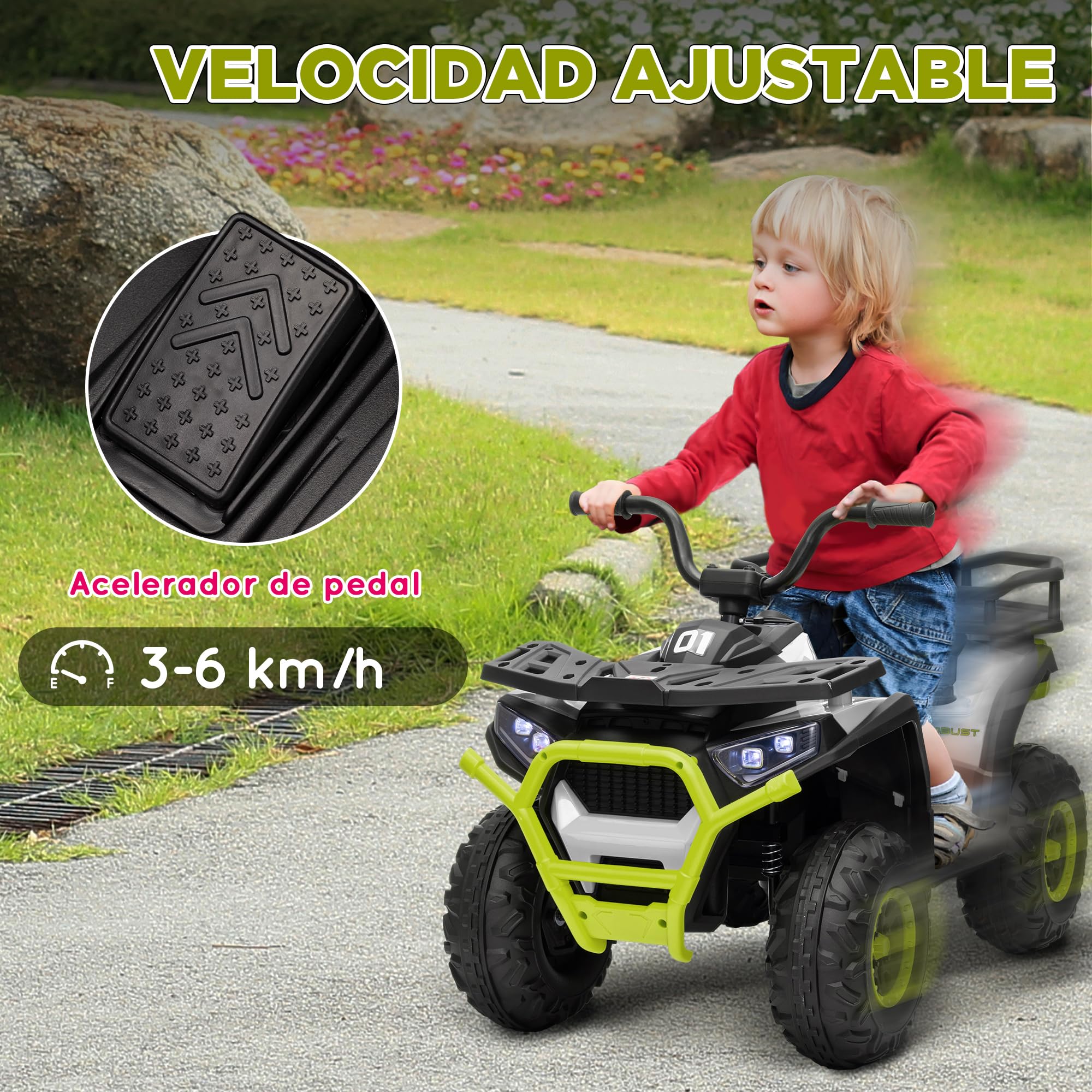 AIYAPLAY Quad Eléctrico para Niños 12V Coche Eléctrico para Niños de +3 Años con Faros Música MP3 Velocidad 3-6 km/h y Cesta Carga 30 kg Verde