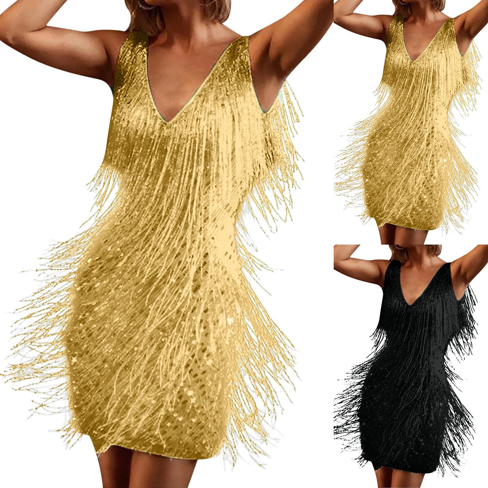 Generico Abito da Donna con Nappe Anni ‘20, Abito con Frange, con spallini, Costume da Donna per Feste, Carnevale, Cocktail Party