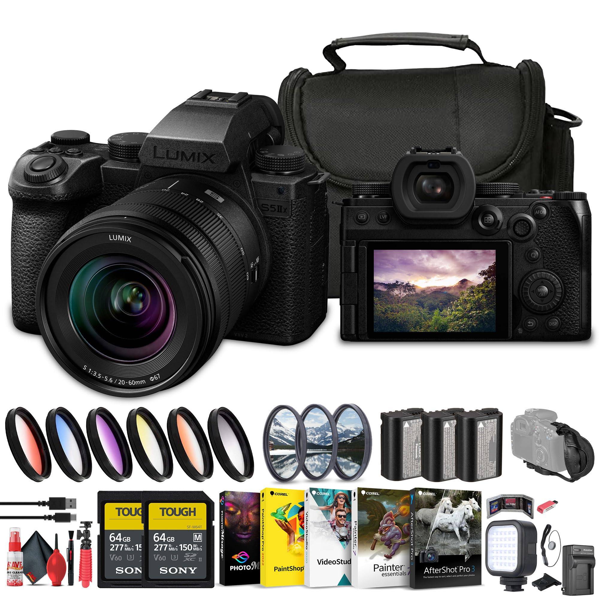 Panasonic Lumix S5 IIX Mirrorless Camera with 20-60mm Lens (DC-S5M2XKK) + 2 x 64GB Memory Card + Filter Kit + Color Filter Kit + Corel Photo Software + 2 x DMW-BLK22 Battery + Bag + Charger + More