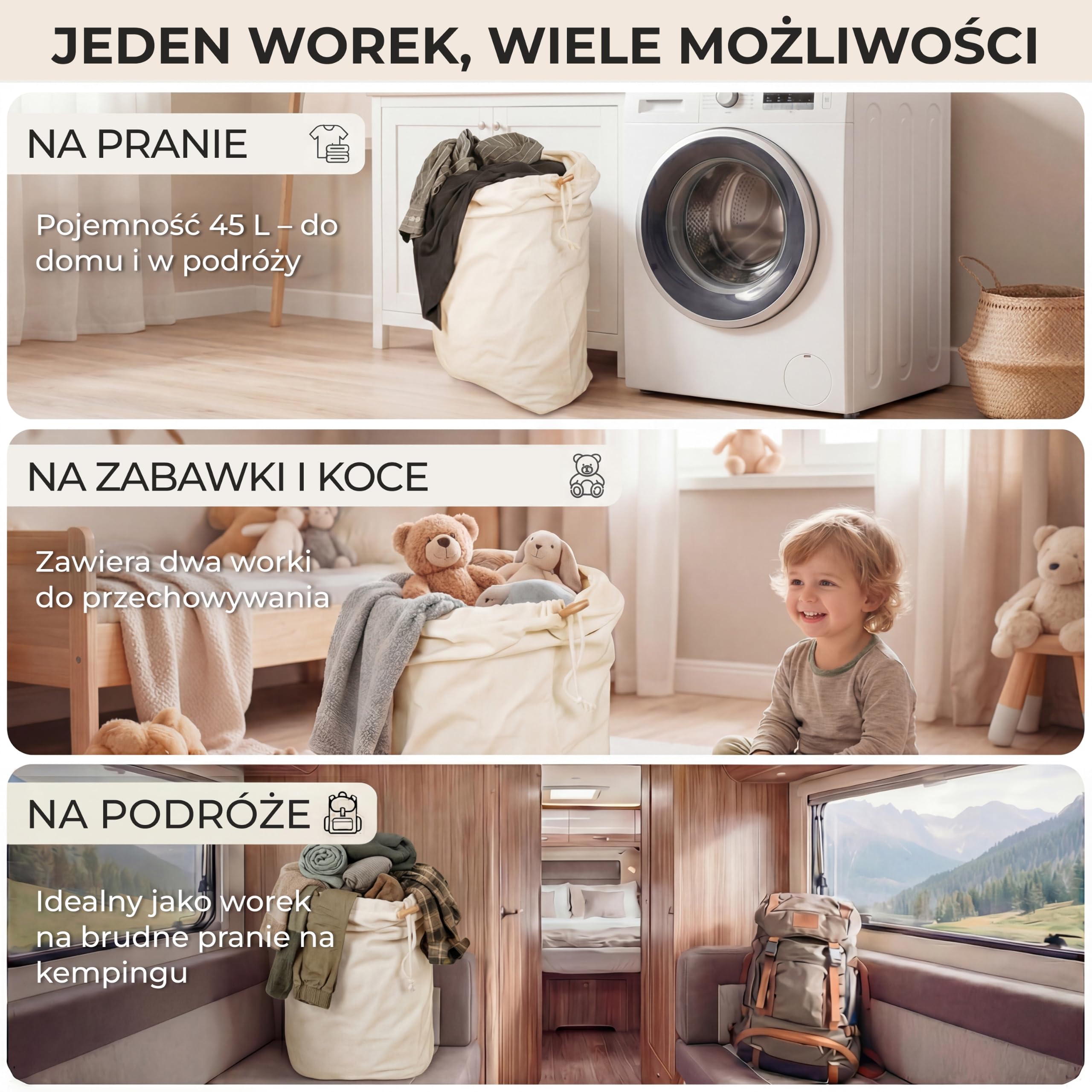 Zestaw 2 worki na pranie 50 x 70 cm, 45 l, 100% bawełna [certyfikat Öko-Tex]prać
