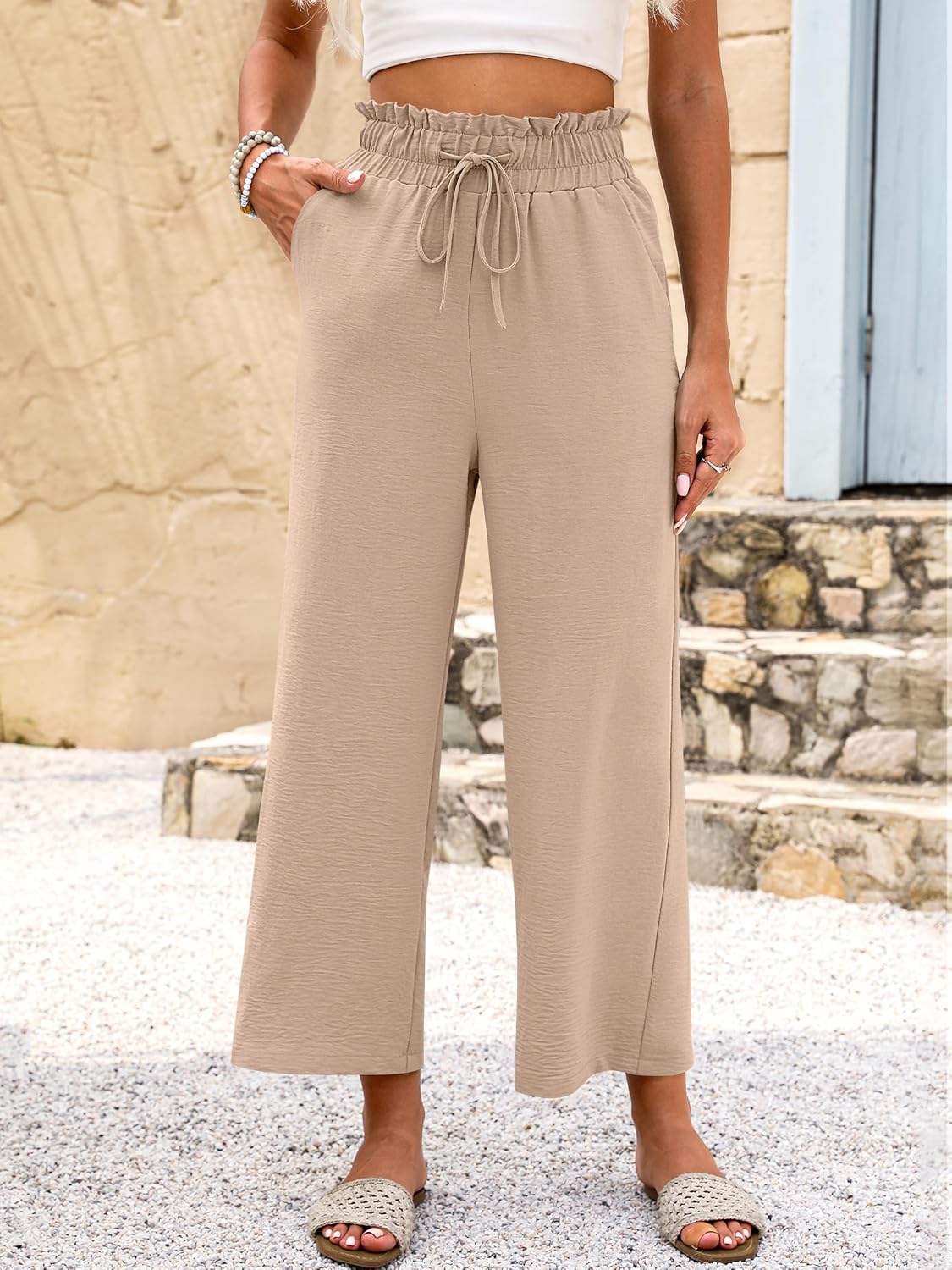 ANRABESS Palazzo Pants for Women Summer Casual Flowy High Waist Wide Leg Capri Pants 2026 Loose Lounge Cropped Beach Trousers - Image 2