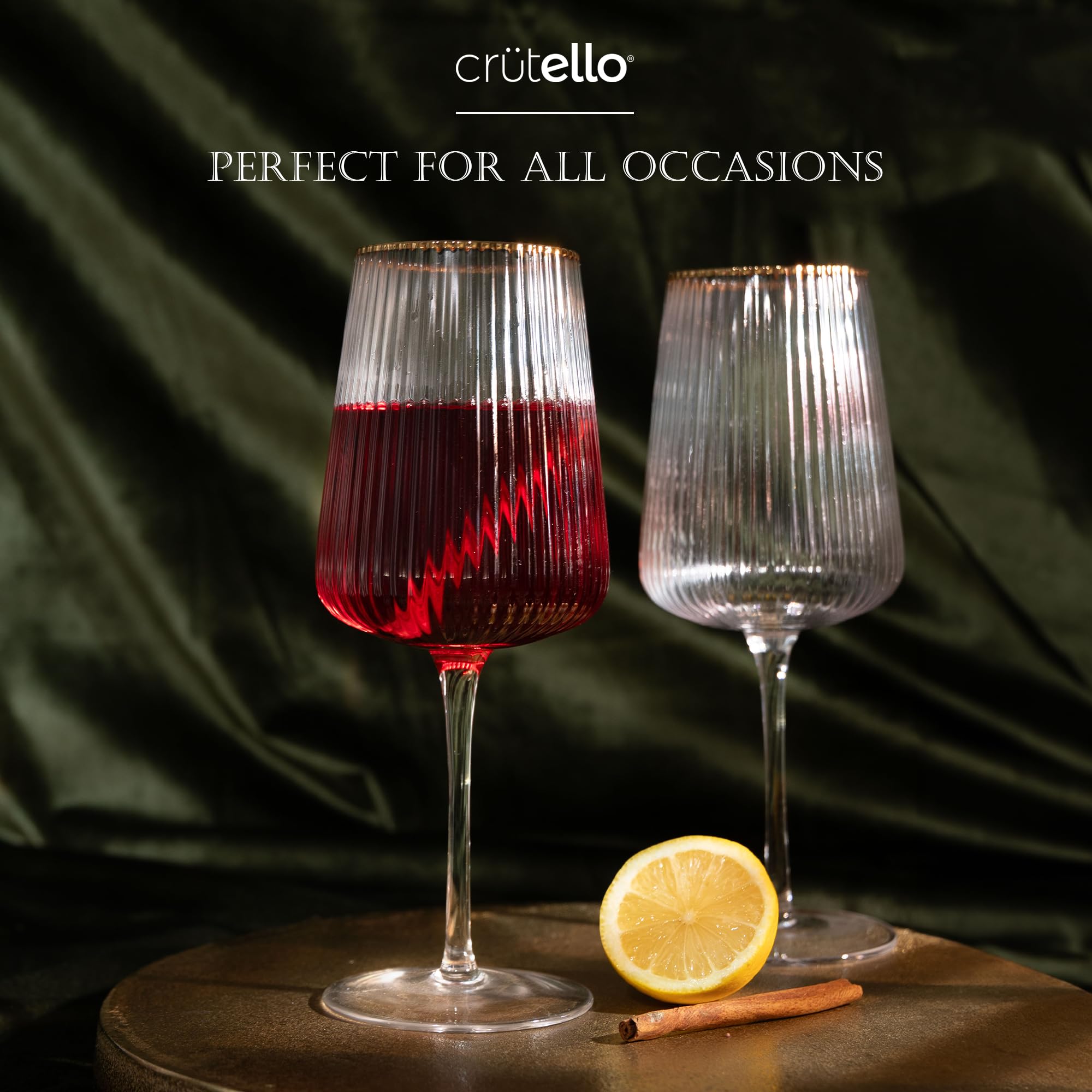 Amazon.com | Crutello Modern Wine Glasses - 17 oz Unique Fluted Glassware  with Vintage Ribbed Glassware Texture and Gold Rim, Art Deco Red or Fancy  White Wine Glasses - Set of 4: Wine Glasses
