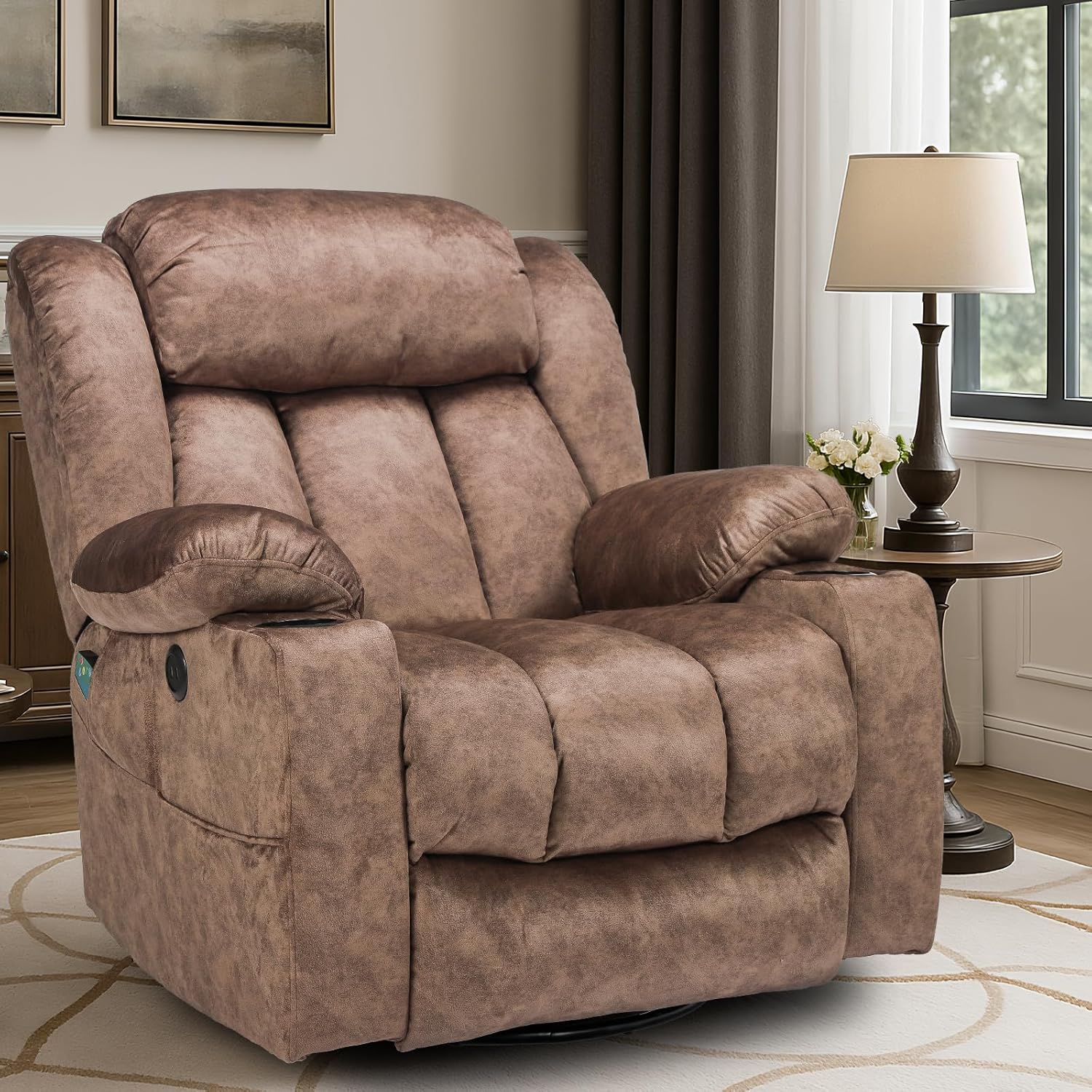 VIVIJASON Manual Swivel Rocking Glider Recliner Chair with Heat & Vibration Massage, 360° Swivel Overstuffed Reclining Chair with 2 Cup Holders, Side Pockets & USB Ports for Living Room, Plush Brown