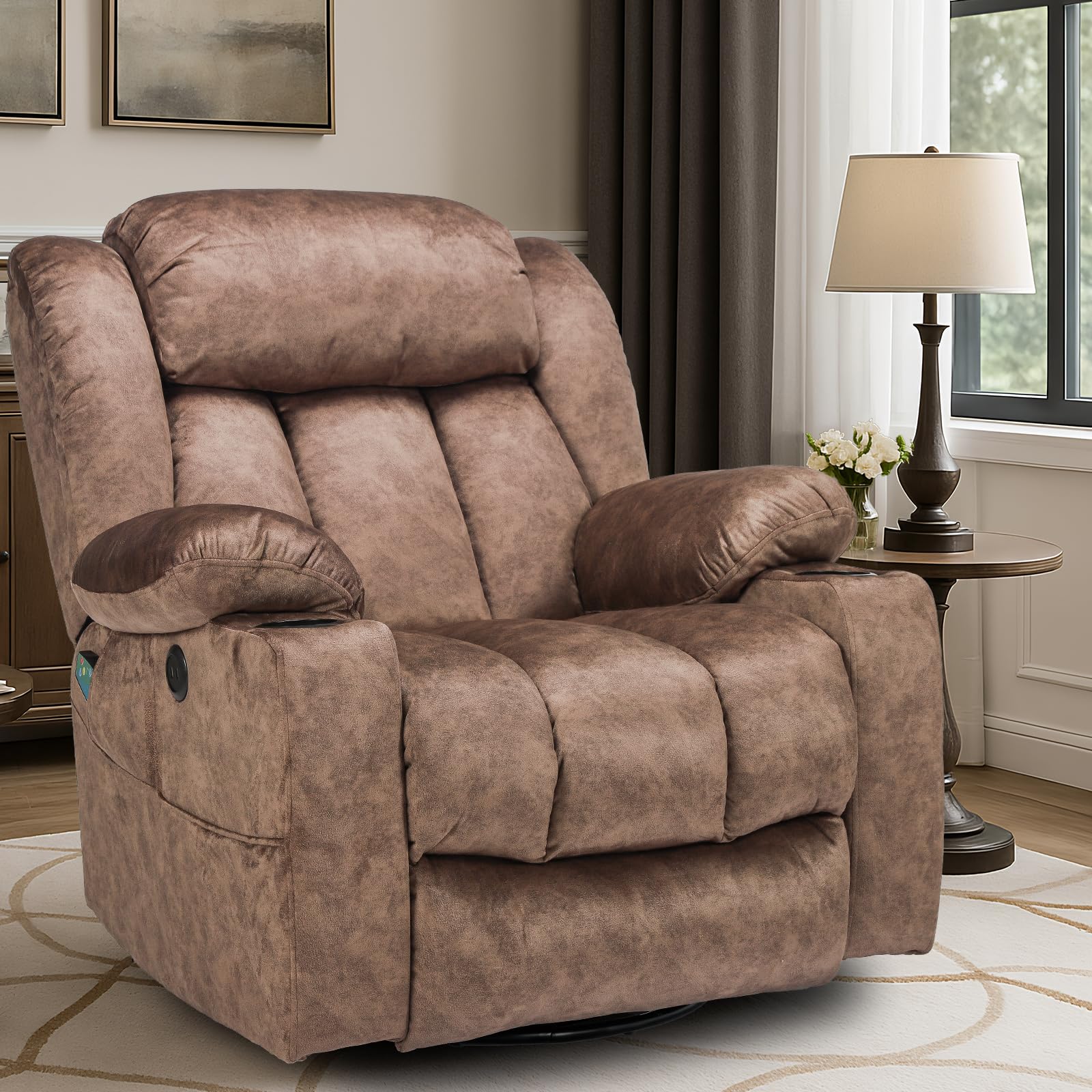 VIVIJASON Manual Swivel Rocking Glider Recliner Chair with Heat & Vibration Massage, 360° Swivel Overstuffed Reclining Chair with 2 Cup Holders, Side Pockets & USB Ports for Living Room, Plush Brown