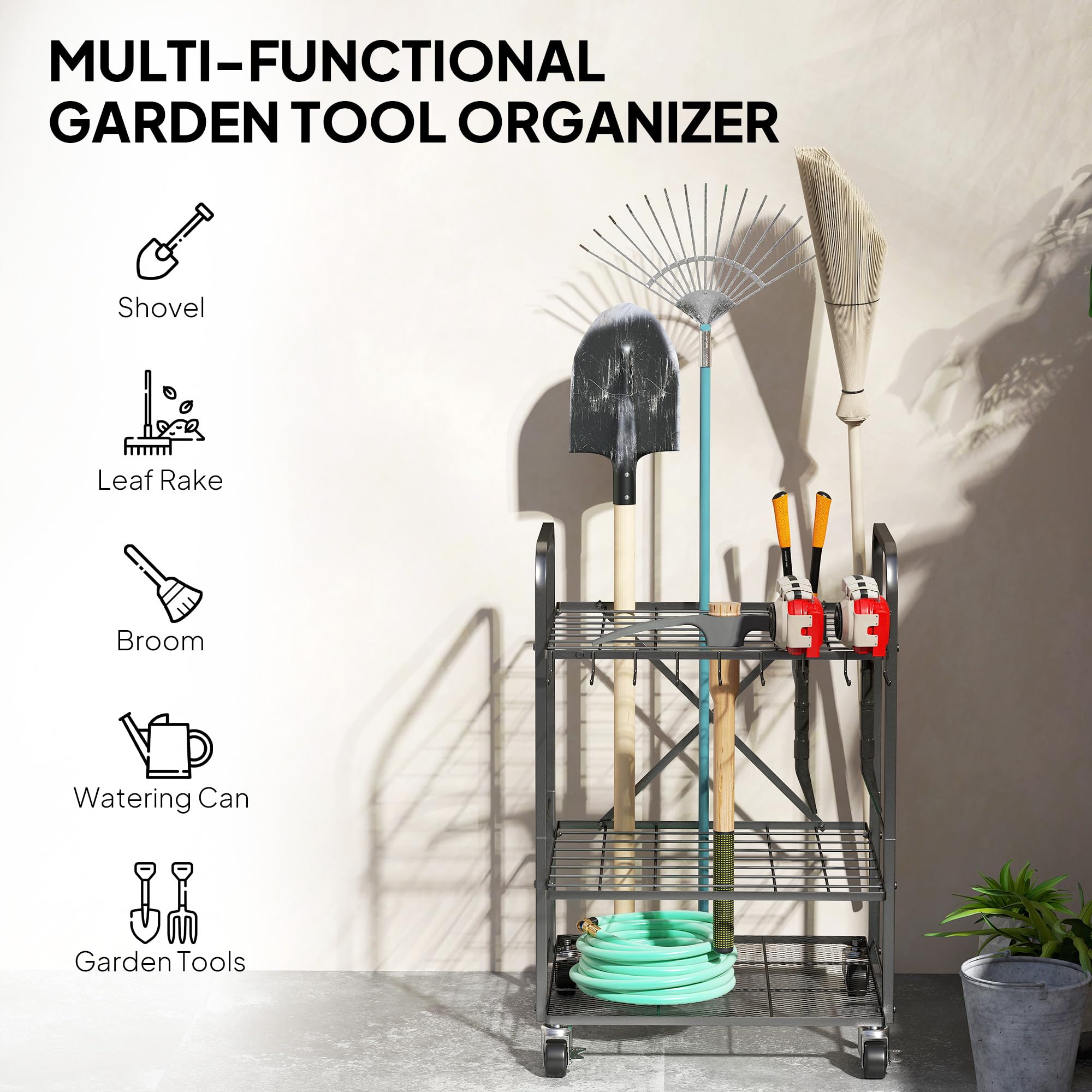 Outsunny Organizador de herramientas de jardín con 9 ganchos, portaherramientas de jardín con 40 compartimentos, portaherramientas de garaje de metal con ruedas para tijeras de podar, palas,