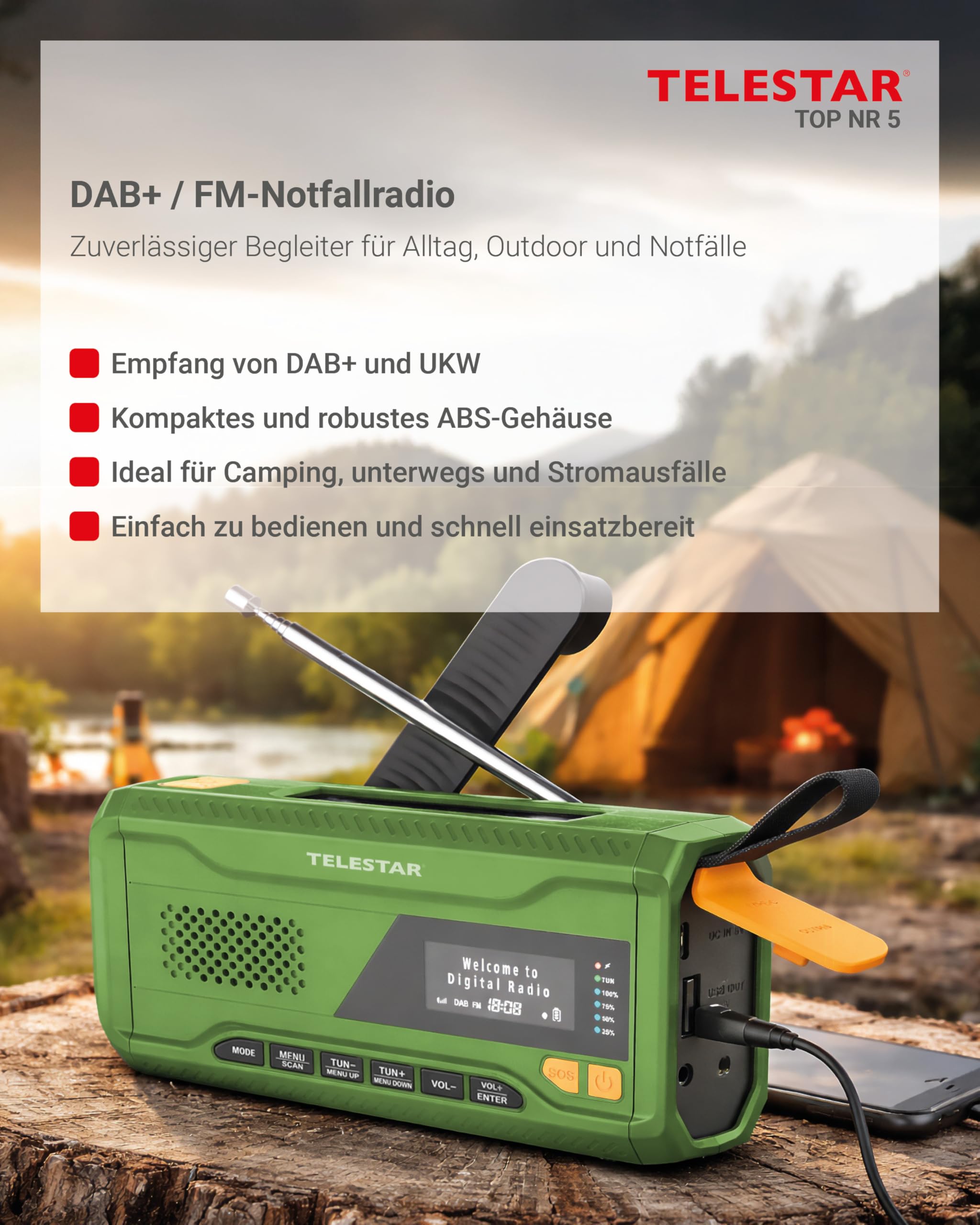 TELESTAR TOP NR 5 – Notfallradio mit 4000 mAh Akku – Grün | Kompaktes Kurbelradio, Solarpanel, Powerbankfunktion, Taschenlampe, SOS Funktion