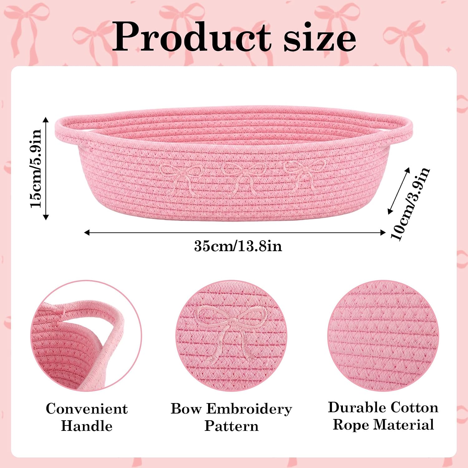 Klmnop Pink Bow Toilet Paper Storage Basket for Toilet Tank Top, Woven Cotton Rope Toilet Basket with Handles, Cute Farmhouse Bathroom Decor for Countertop Organization, 13 x 6 x 4 Inch