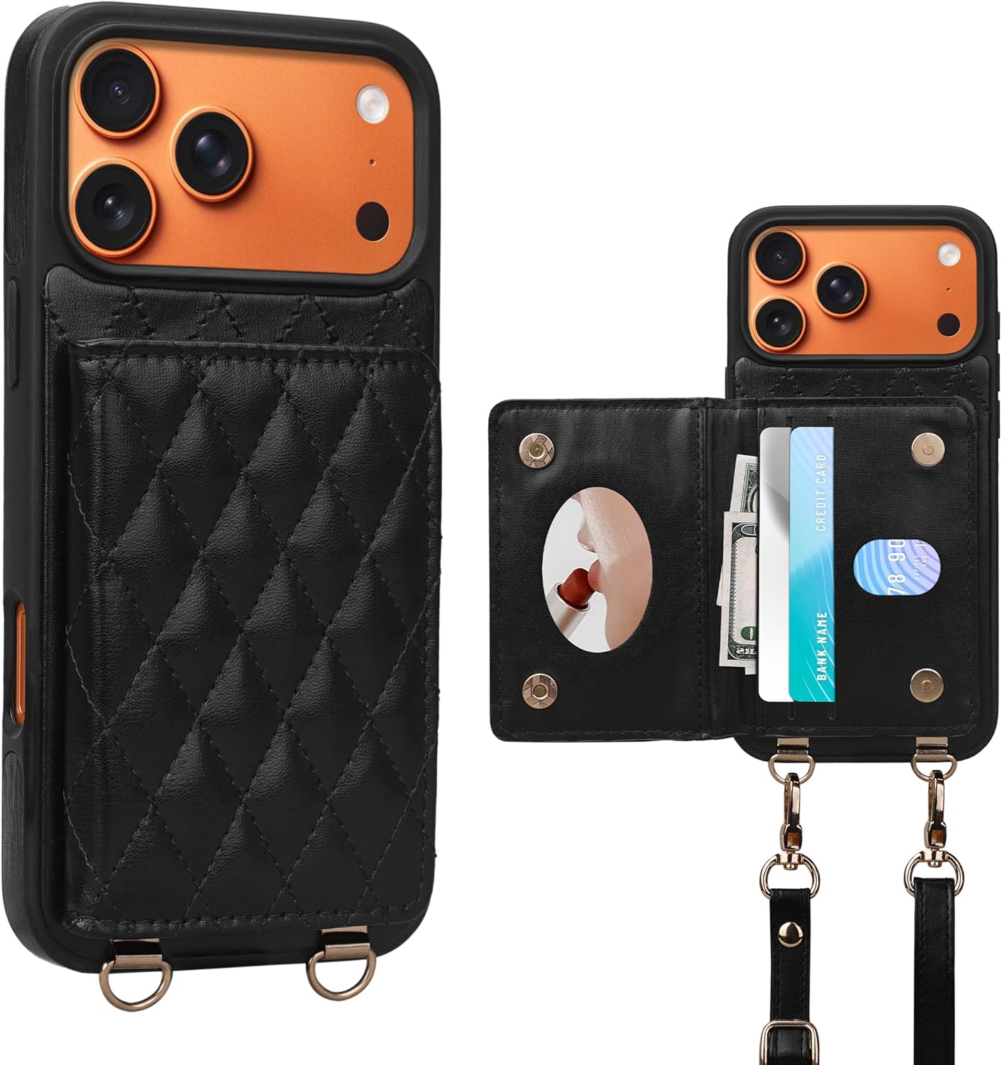 Rssviss Crossbody Wallet Case for iPhone 17 Pro Max with Mirror, Kickstand Magnetic Clasps Card Holder with RFID Protection, PU Leather Shockproof Cover for Women - 6.9", Black