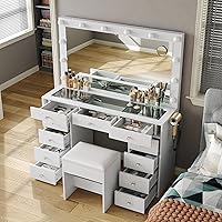 Vista 5 de Tocador con Toma de Corriente, Tocador de Maquillaje con Espejo y 12 Luces LED, 3 Modos de Iluminación, Mesa Tocador de 11 Cajones con Silla