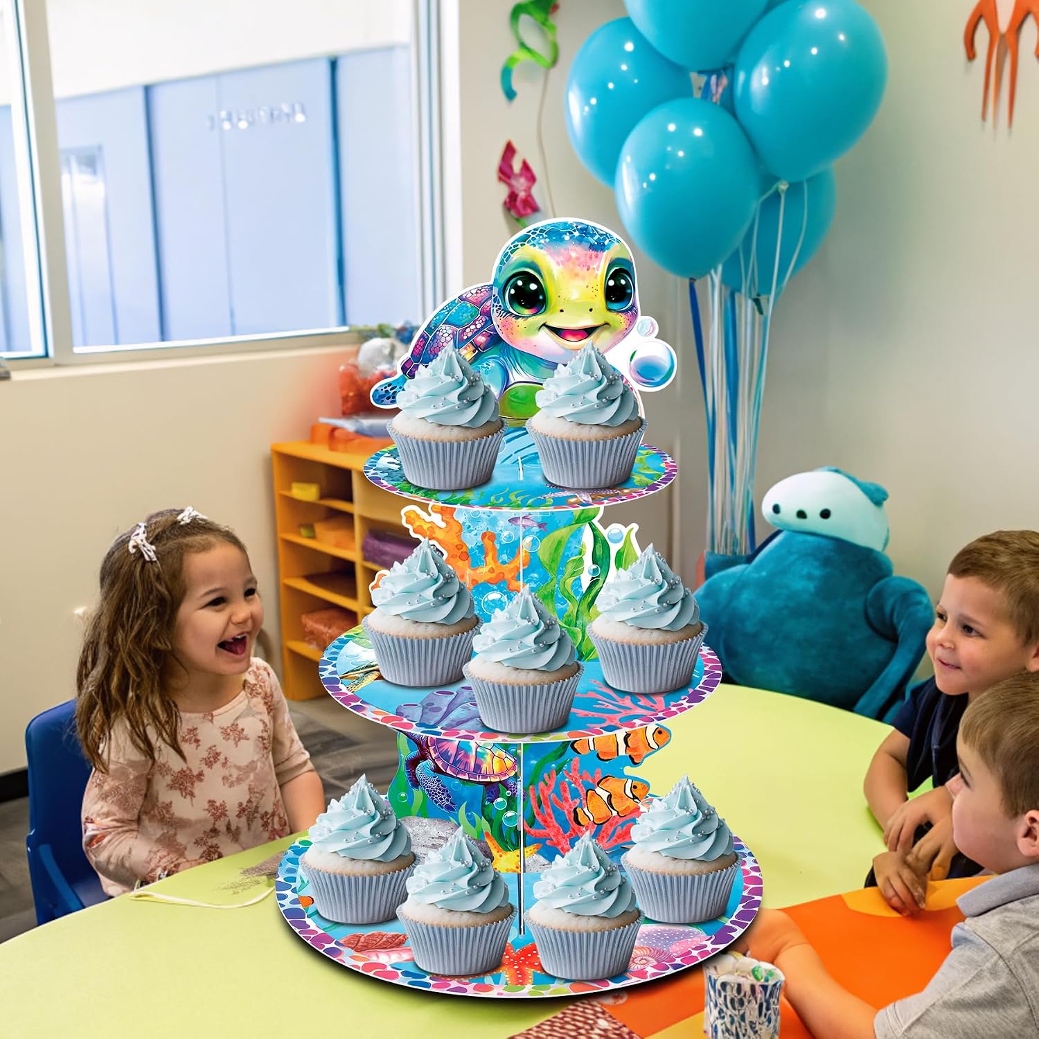 Sea Turtle 3-Tier Cupcake Stand 1PCS, Ocean Animal Under The Sea Turtle Birthday Baby Shower Graduation Party Decoration Supplies image 5
