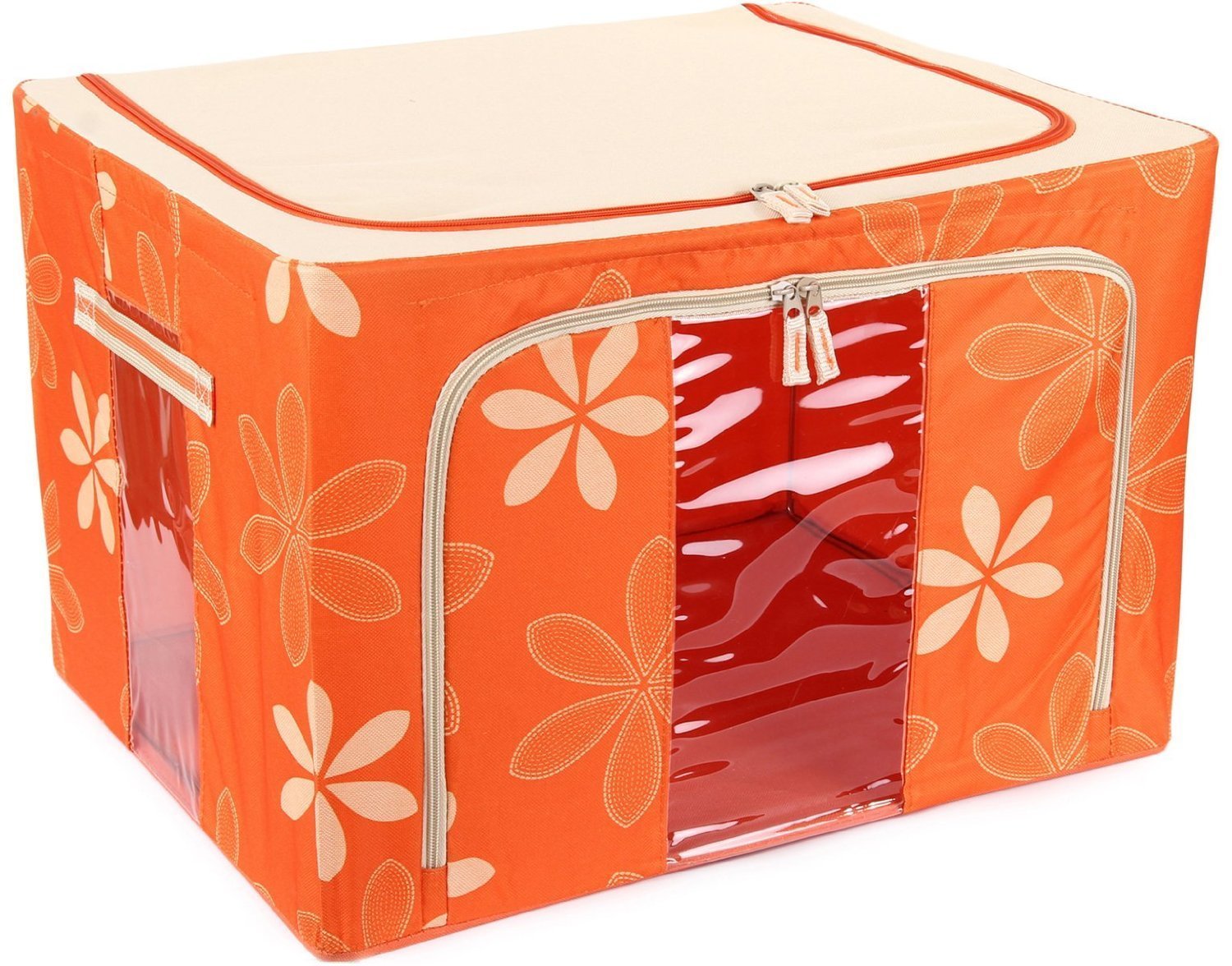 Kuber Industries Exclusive Underbed Organiser,Cupboard Organiser,Blanket Cover,Saree Cover,Lehenga,Woolens Cover with Steel Frames- Red Flower (SF04)