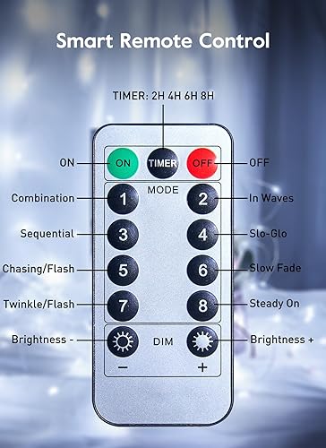 Miniatura 7 de Minetom Guirnalda de luces USB enchufables, 100 luces LED parpadeantes de 33 pies con control remoto y temporizador, impermeable, 8 modos de luces